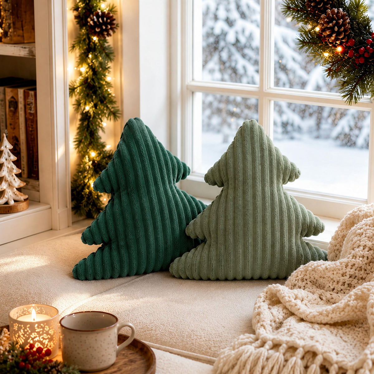 AELS Faux Fur Christmas Tree Decorative Pillow Set of 3, Forest Green Series
