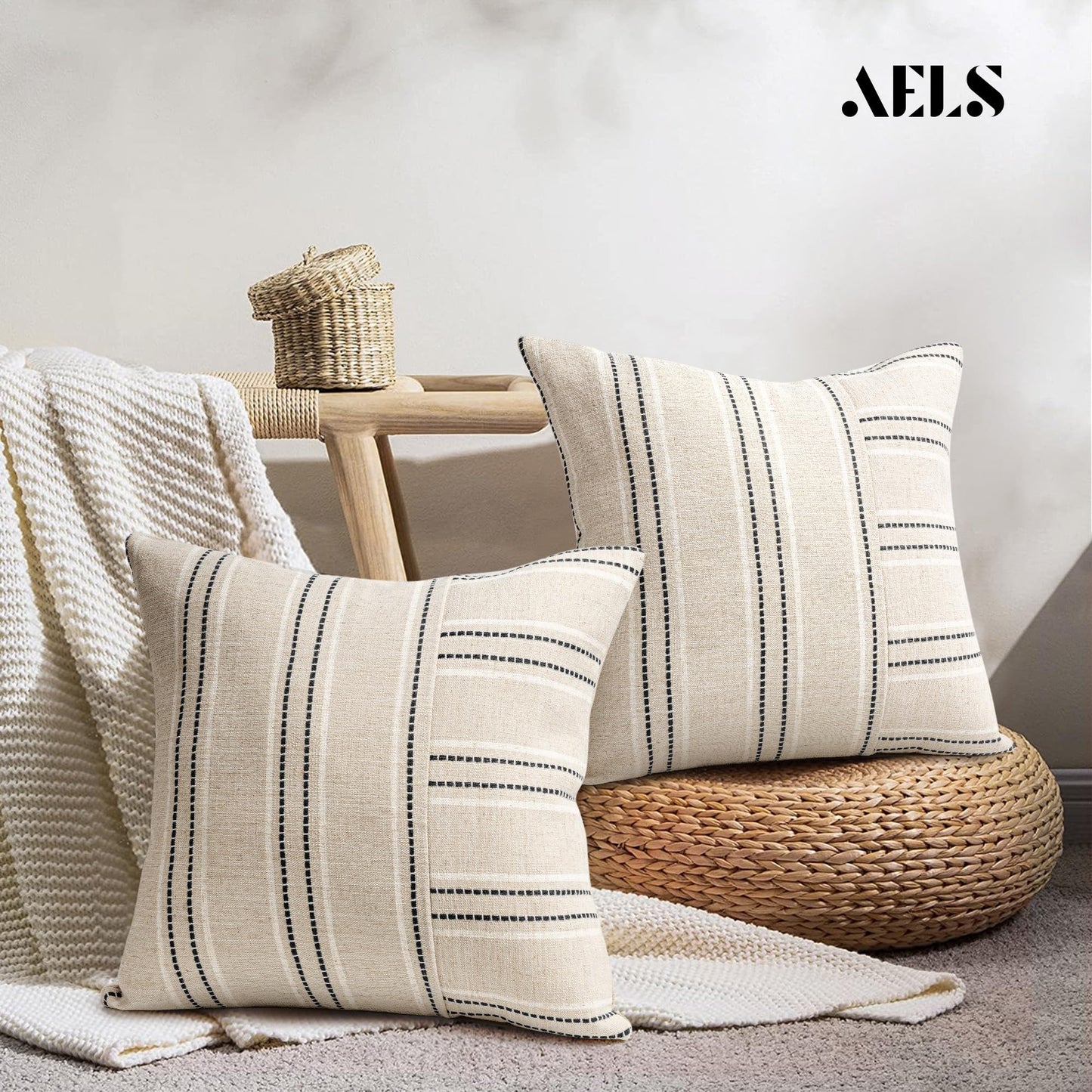 AELS 12x20 Decorative Farmhouse Linen Throw Pillow Covers, Boho Rectangle Lumbar Pillow Case, Set of 2, Beige with White & Gray Stripe Patchwork Cushion Cover for Sofa Couch Living Room (Cover ONLY)