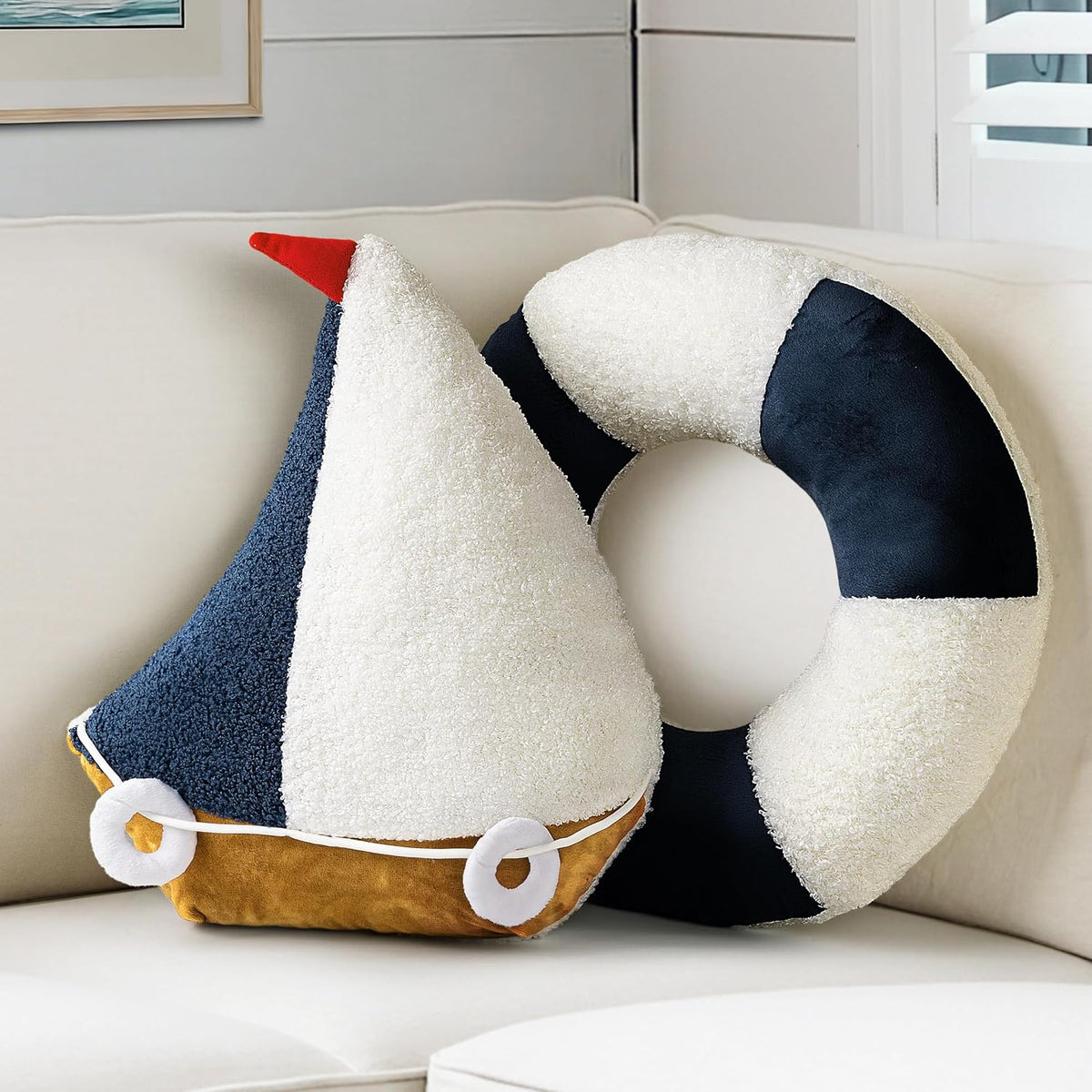AELS Sailboat & Lifebuoy Nautical Throw Pillows Set of 2, Coastal Decor for Beach Enthusiasts Beach House, Ideal for Sofa Couch Living Room Bedroom and Nursery, Navy Blue and White