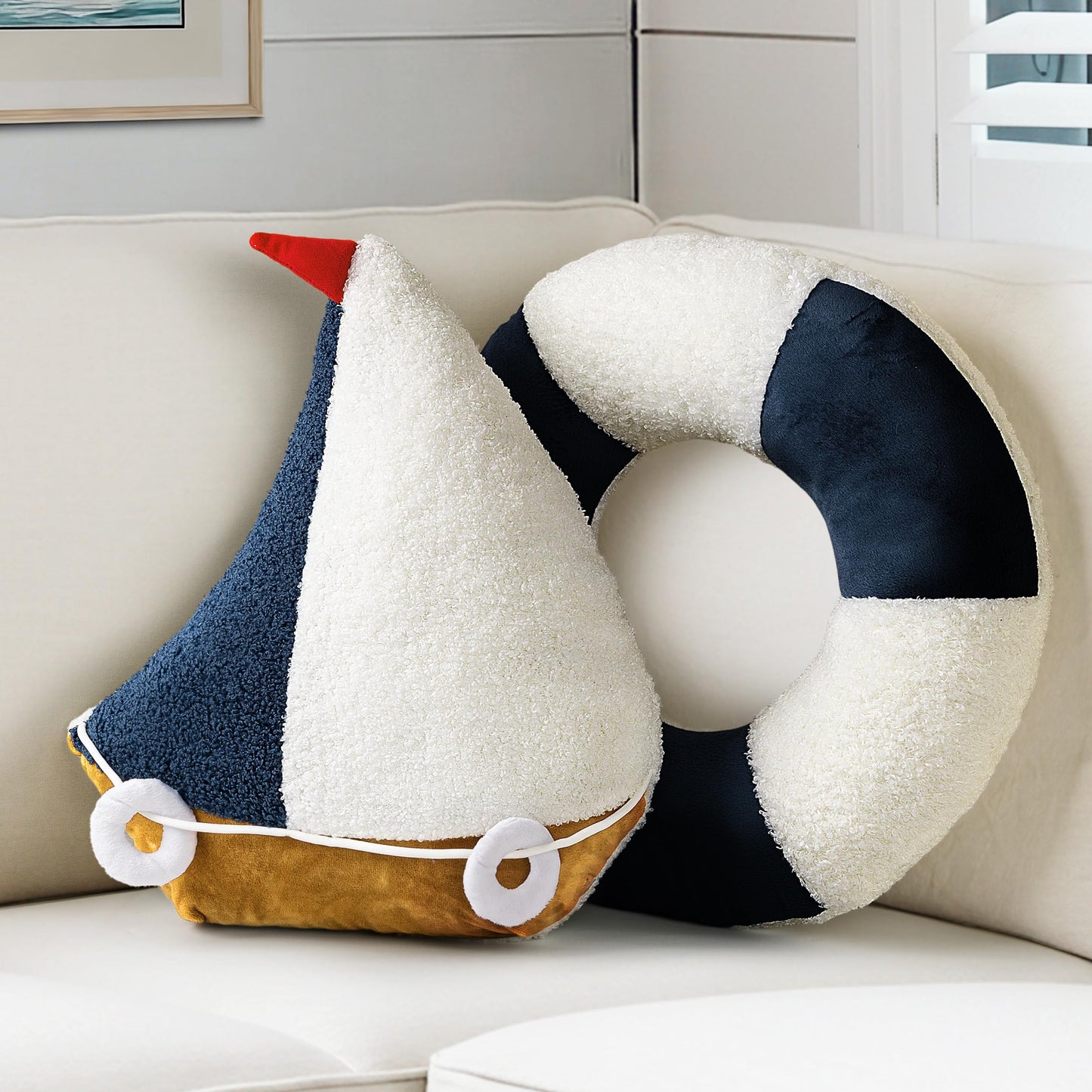 AELS 3D Anchor & Lifebuoy Nautical Decorative Throw Pillows, 19.6"& 15.7" Set of 2, Coastal Decor for Beach Enthusiasts Beach House, Sofa Couch Living Room Bedroom and Nursery, Navy Blue and White
