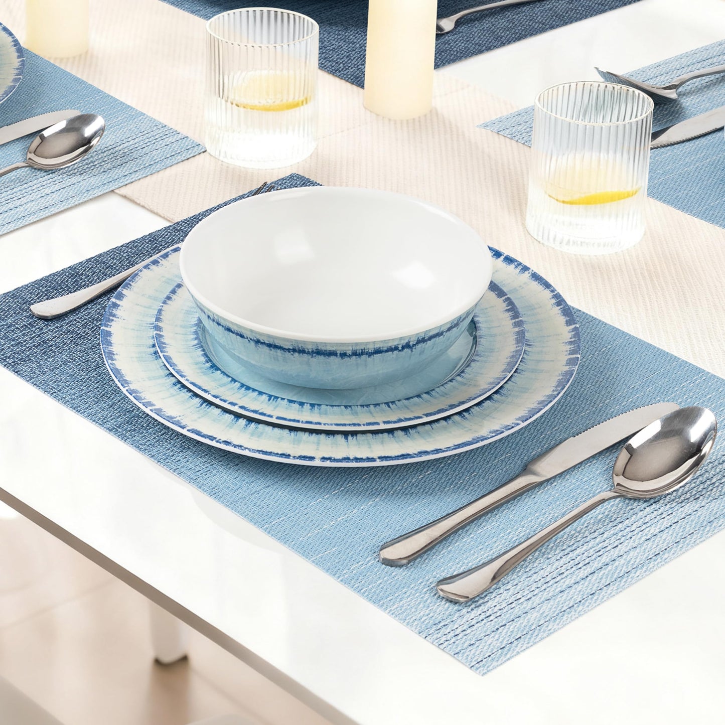 AELS Melamine Dinnerware Set of 12 Pcs Dinner Dishes Set for Indoor and Outdoor Use, Dishwasher Safe, Lightweight Unbreakable, BPA Free, Light Blue