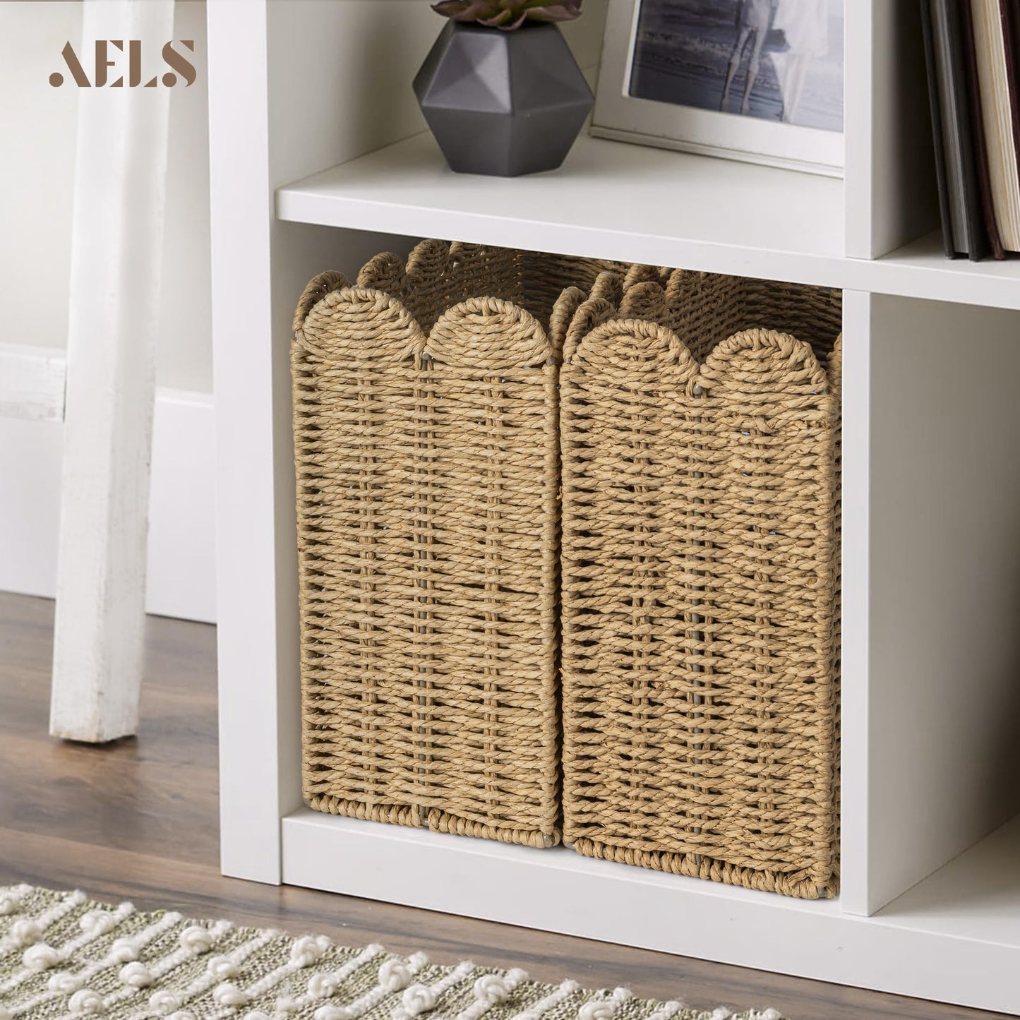 Woven Natural Fibre Magazine Holder, Scalloped Edge Floor Magazine Rack, Hand-woven Organizer, Boho Modern Farmhouse Book Basket, File Newspaper Mail Holder for Office