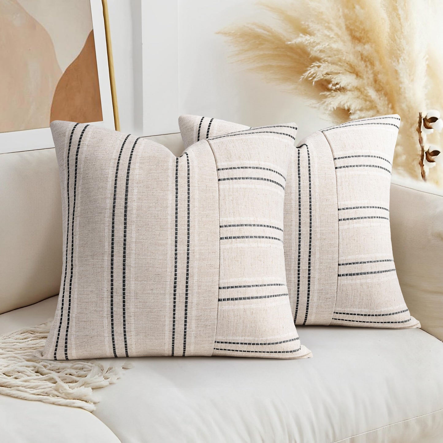 AELS 12x20 Decorative Farmhouse Linen Throw Pillow Covers, Boho Rectangle Lumbar Pillow Case, Set of 2, Beige with White & Gray Stripe Patchwork Cushion Cover for Sofa Couch Living Room (Cover ONLY)