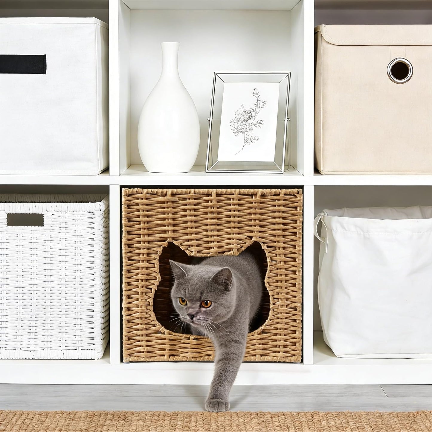 Handwoven Small Cat Bed Cave for IKEA Kallax Shelf, 13"x13"x15" Rattan Cat House for Indoor Cats Kittens and Small Pets with Removable Double-Sided Soft Cushion Pad, Pet Cube Hideaway Bed Natural