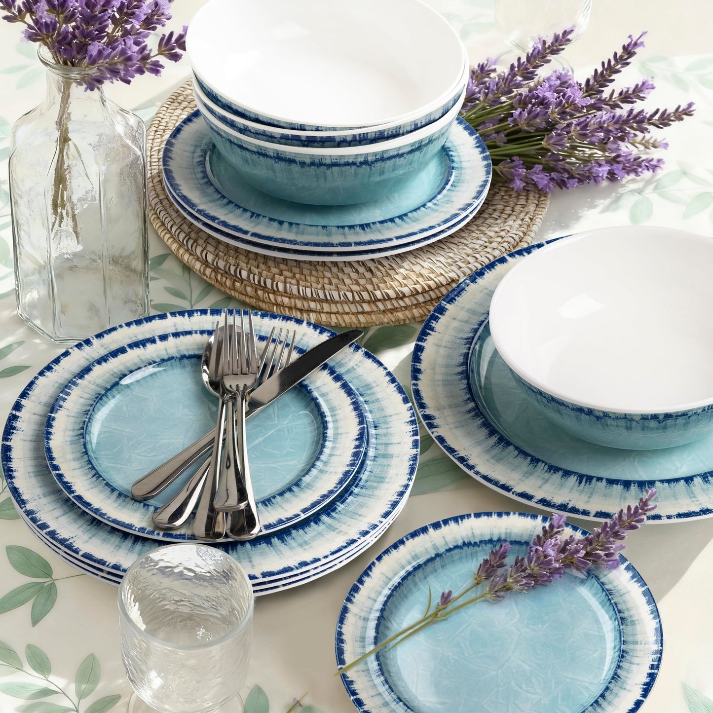 AELS Melamine Dinnerware Set of 12 Pcs Dinner Dishes Set for Indoor and Outdoor Use, Dishwasher Safe, Lightweight Unbreakable, BPA Free, Light Blue