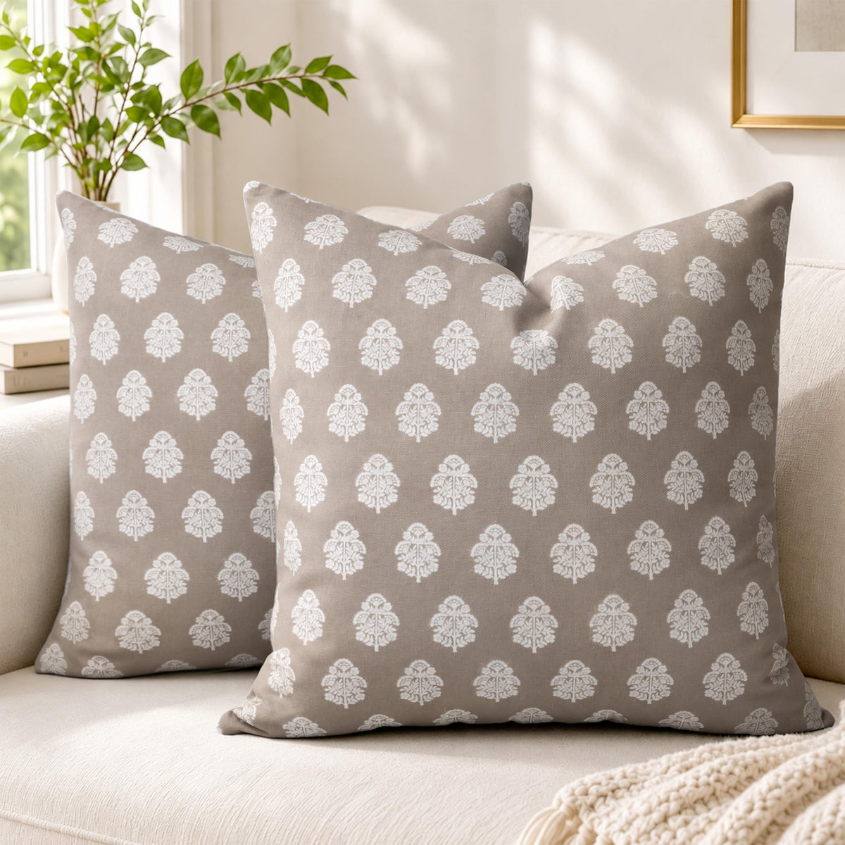 AELS 18x18 Decorative Farmhouse Throw Pillow Covers, Boho Floral Block Print Pillow Covers, Set of 2, Slate Blue Botanical Cushion Covers for Sofa Couch Bed Living Room Bedroom, Cover Only