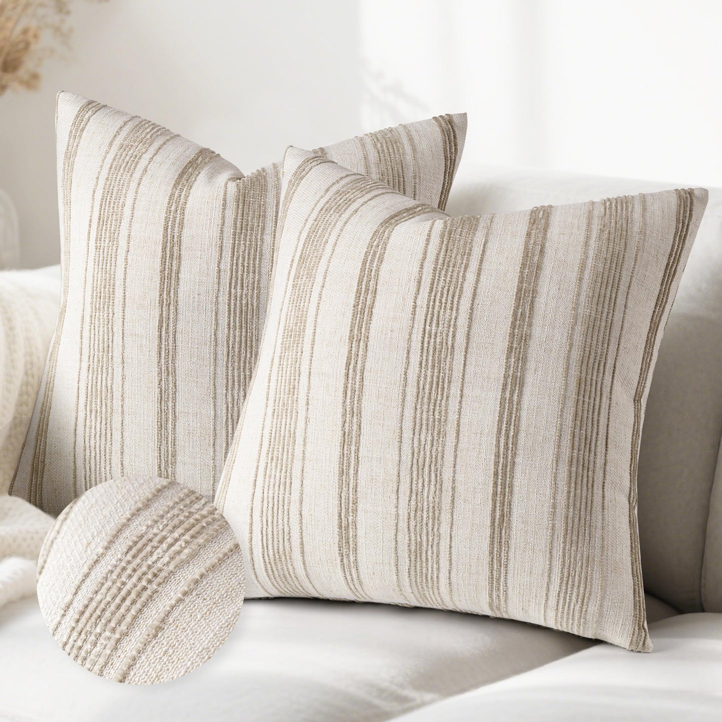 AELS 12x20 Decorative Farmhouse Linen Lumbar Pillow Covers, Beige with Olive Green Chenille Striped Pillow Case, Set of 2, Boho Textured Cushion Cover for Sofa Couch Living Room (Cover ONLY)