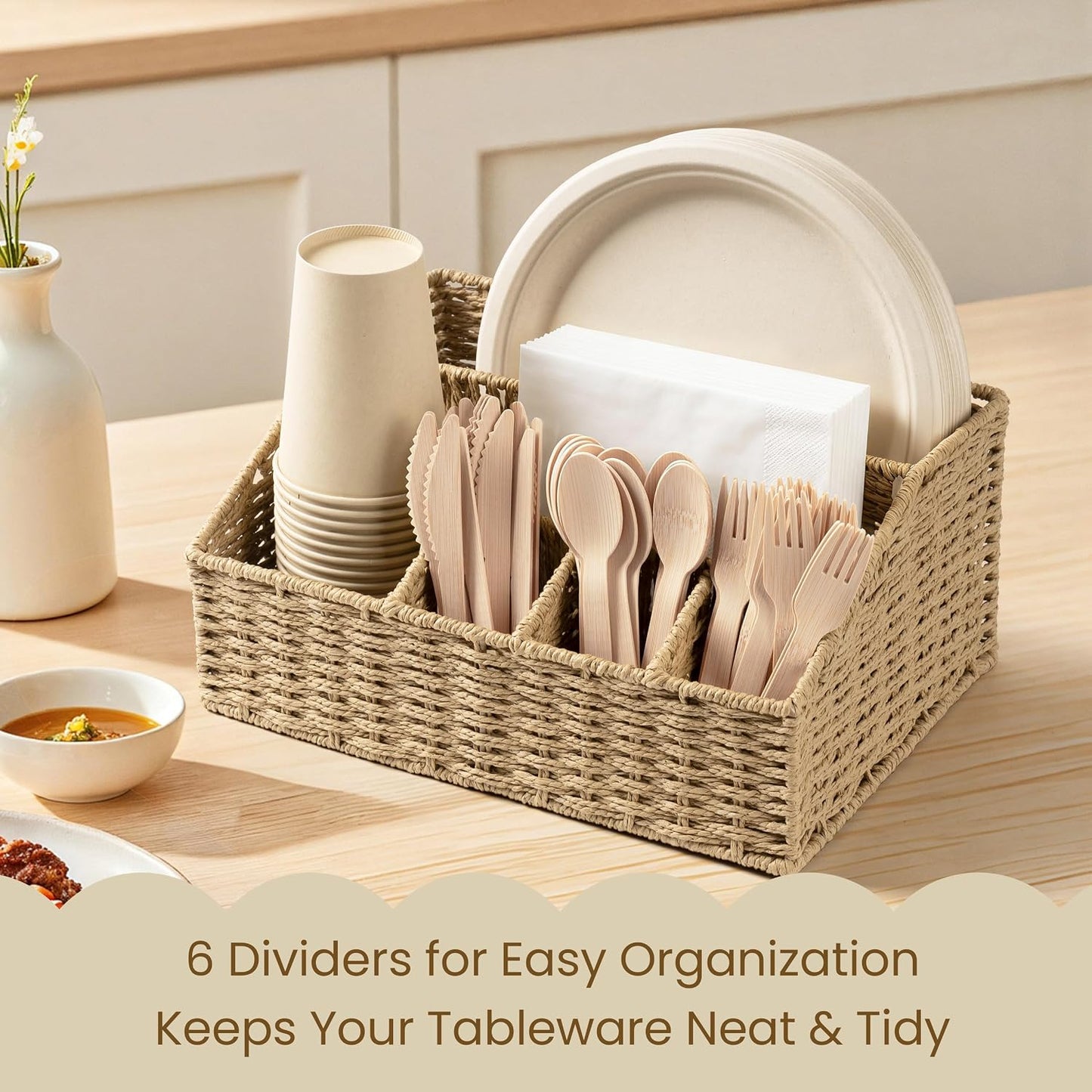 Woven Paper Plate Dispenser & Utensil Holder for Party, Rustic Countertop Storage Basket for Disposable Plates (7-12 Inch) & Paper Cups (8, 12, 16oz), Napkins, Forks, Knives, Spoons