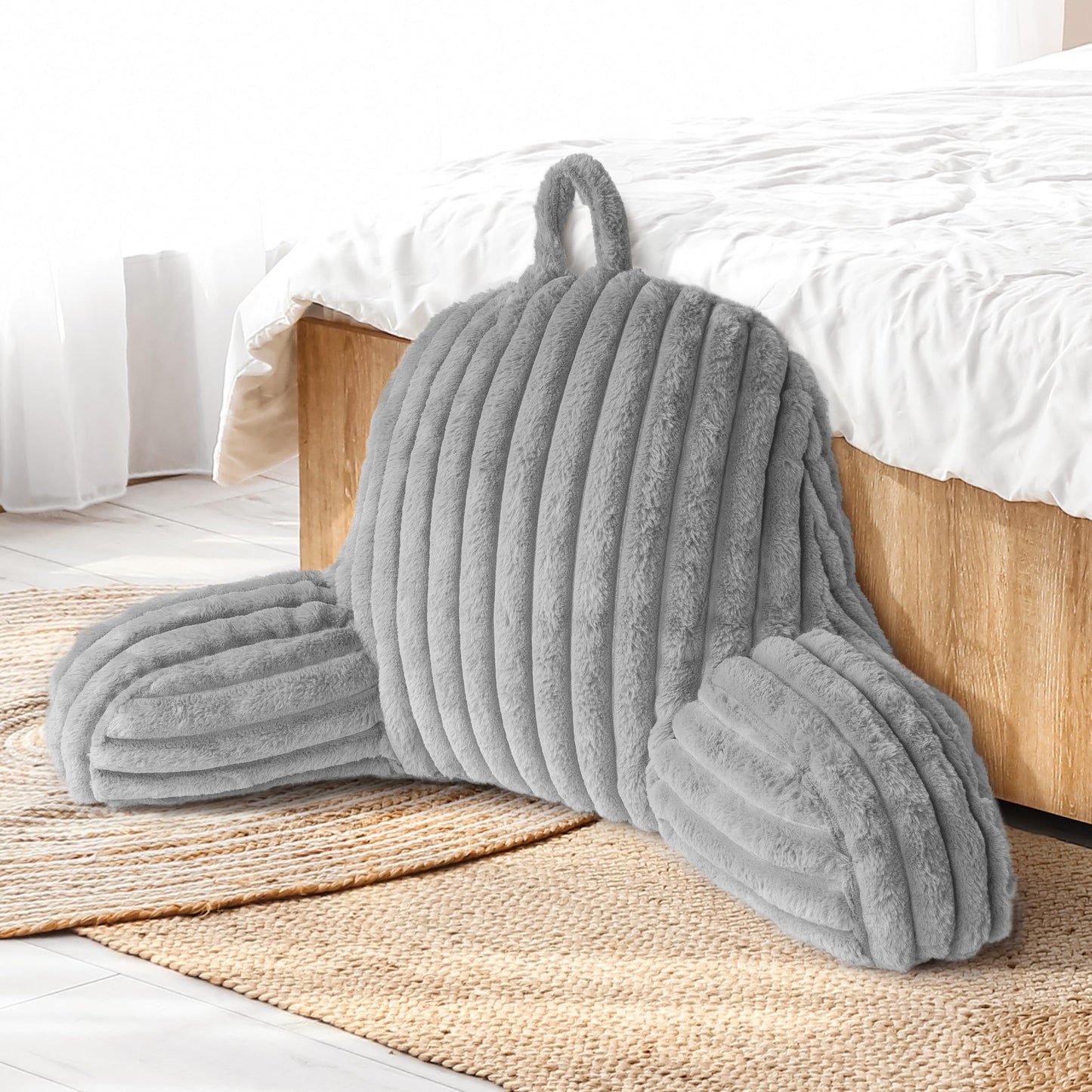Large Reading Pillow Replacement Cover with Arms and Pockets (Cover ONLY), 18" Soft Faux Fur Striped Backrest Pillow Cover Fits Standard Size Reading Pillows, Cream White