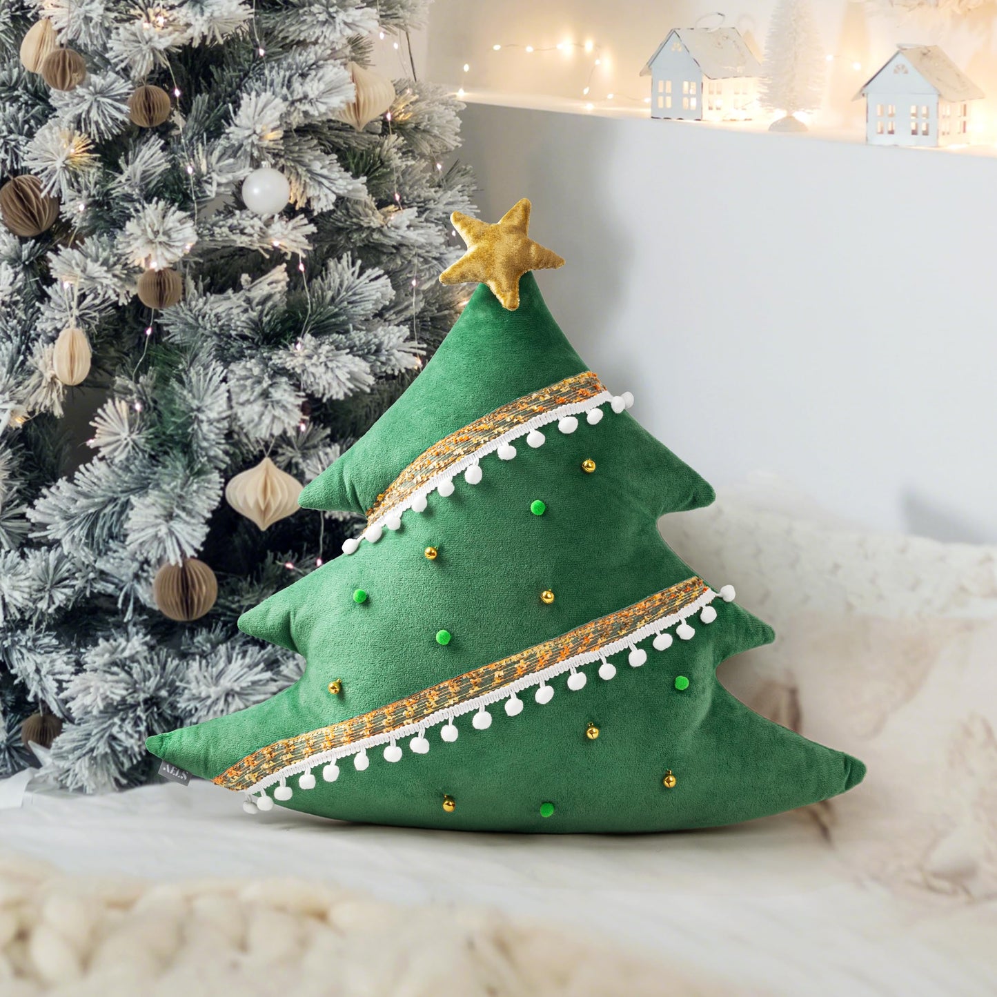 AELS Christmas Tree Decorative Throw Pillow with Golden Bell and Pompom, 20 Inch Holiday Throw Pillows for Christmas Decor, Plush Tree Shaped Decorative Pillows for Living Room Bedroom Sofa