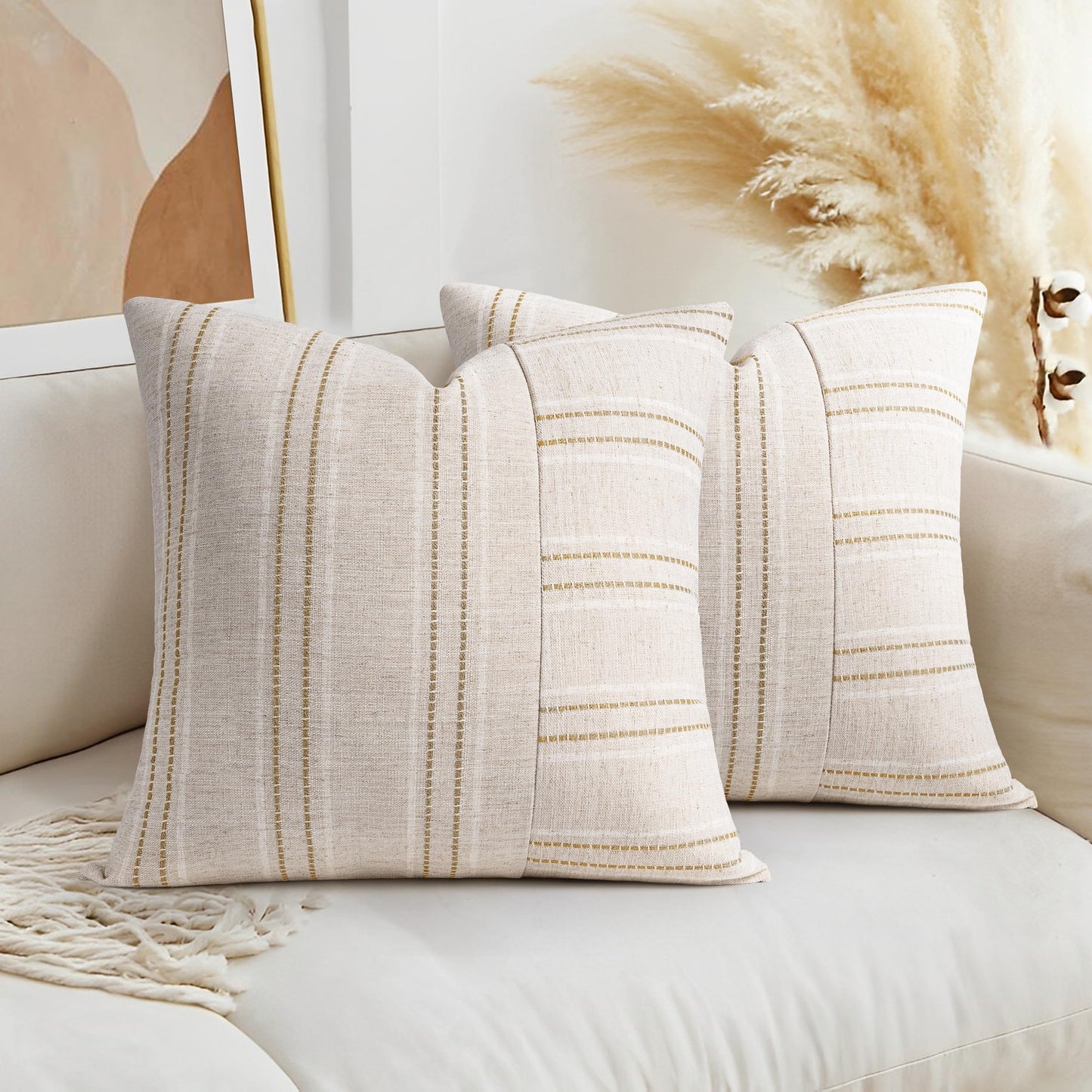 AELS 12x20 Decorative Farmhouse Linen Throw Pillow Covers, Boho Rectangle Lumbar Pillow Case, Set of 2, Beige with White & Gray Stripe Patchwork Cushion Cover for Sofa Couch Living Room (Cover ONLY)