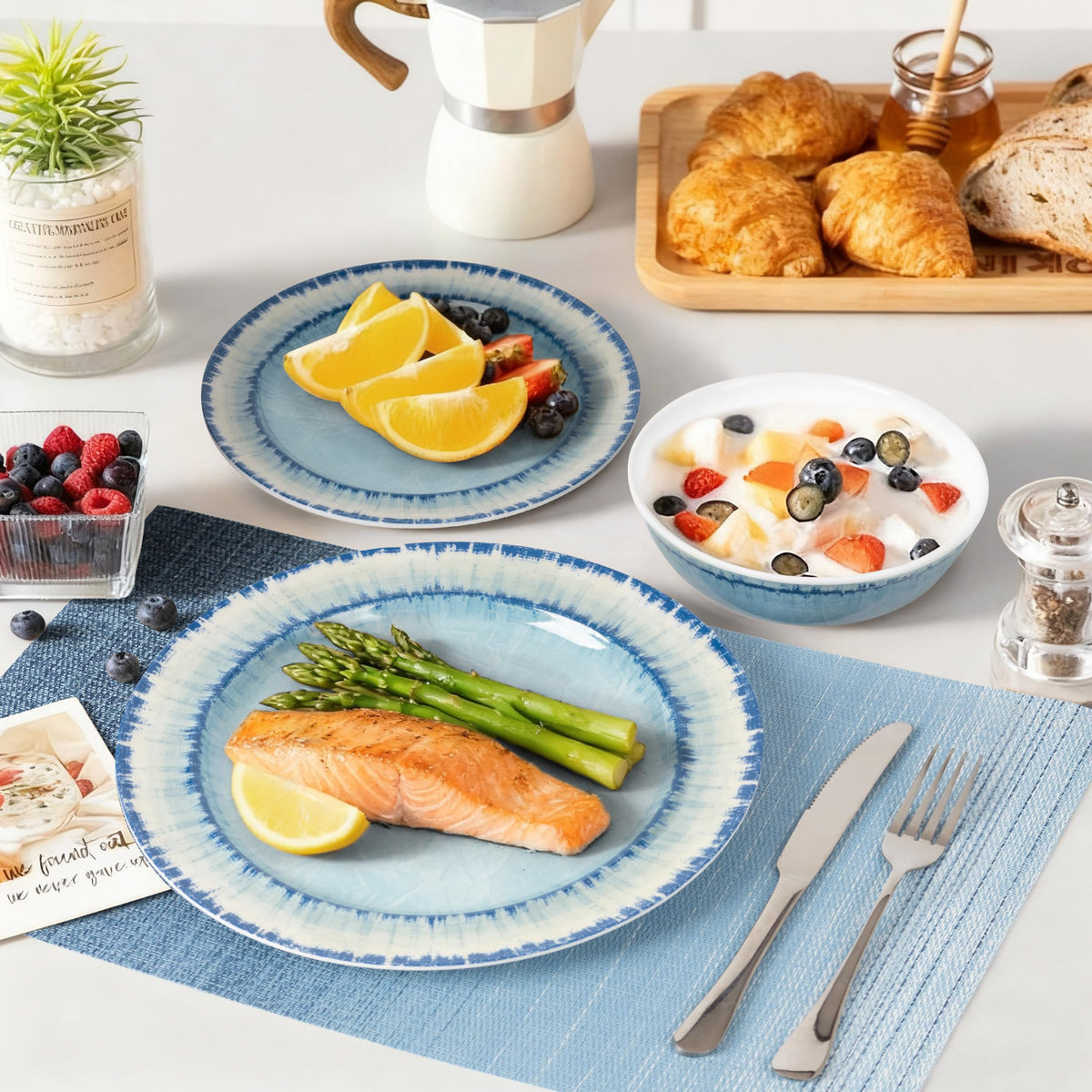 AELS Melamine Dinnerware Set of 18 Pcs Dinner Dishes Set, Lightweight Unbreakable for Indoor and Outdoor Use, BPA Free, Dishwasher Safe, Light Blue