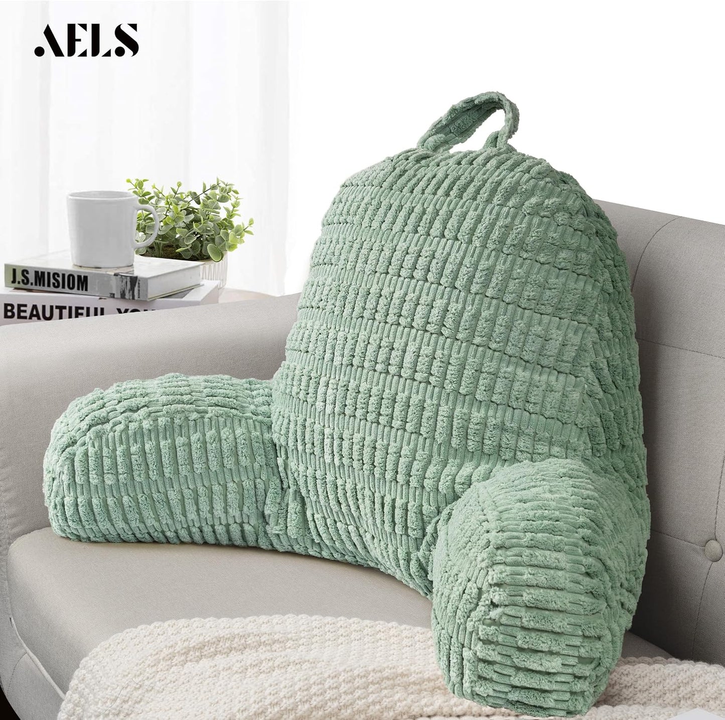 AELS Large Reading Pillow Replacement Cover with Arms and Pockets (Cover ONLY), 18" Soft Corduroy Striped Backrest Pillow Cover Fits Standard Size Reading Pillows, Sage Green