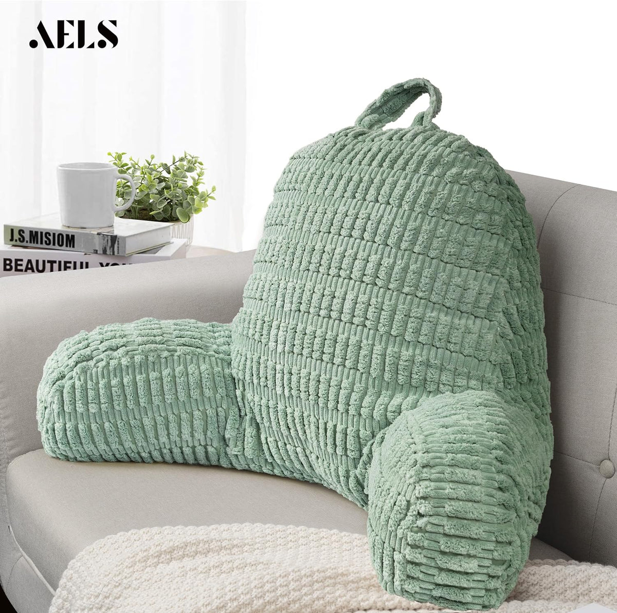 Large Reading Pillow Replacement Cover with Arms and Pockets (Cover ONLY), 18" Soft Corduroy Striped Backrest Pillow Cover Fits Standard Size Reading Pillows, Sage Green