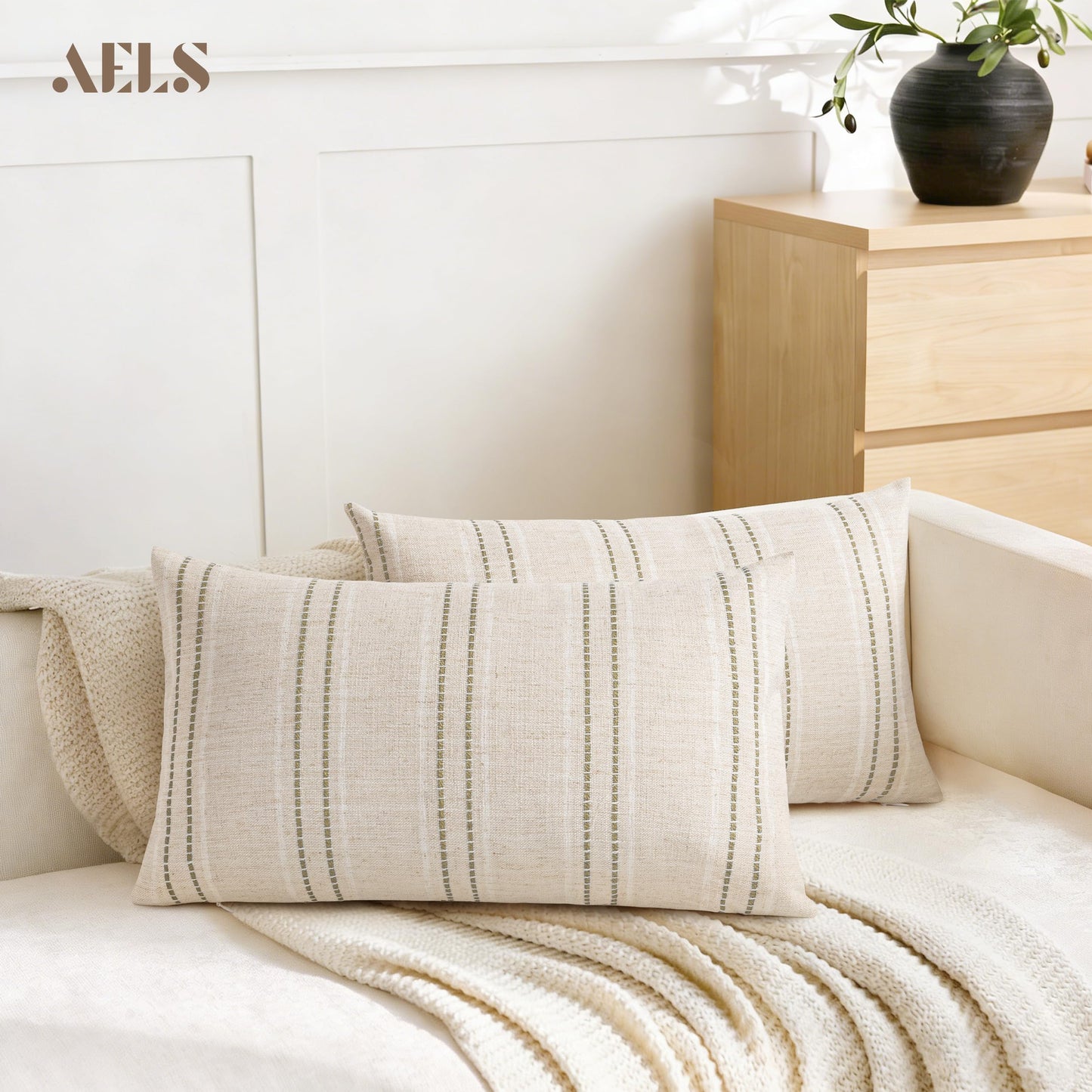 AELS 12x20 Decorative Farmhouse Linen Blend Throw Pillow Covers, Boho Textured Pillow Case, Set of 2, Beige with White & Brown Stitch Yarn Dyed Stripe Cushion Cover for Sofa Living Room (Cover ONLY)
