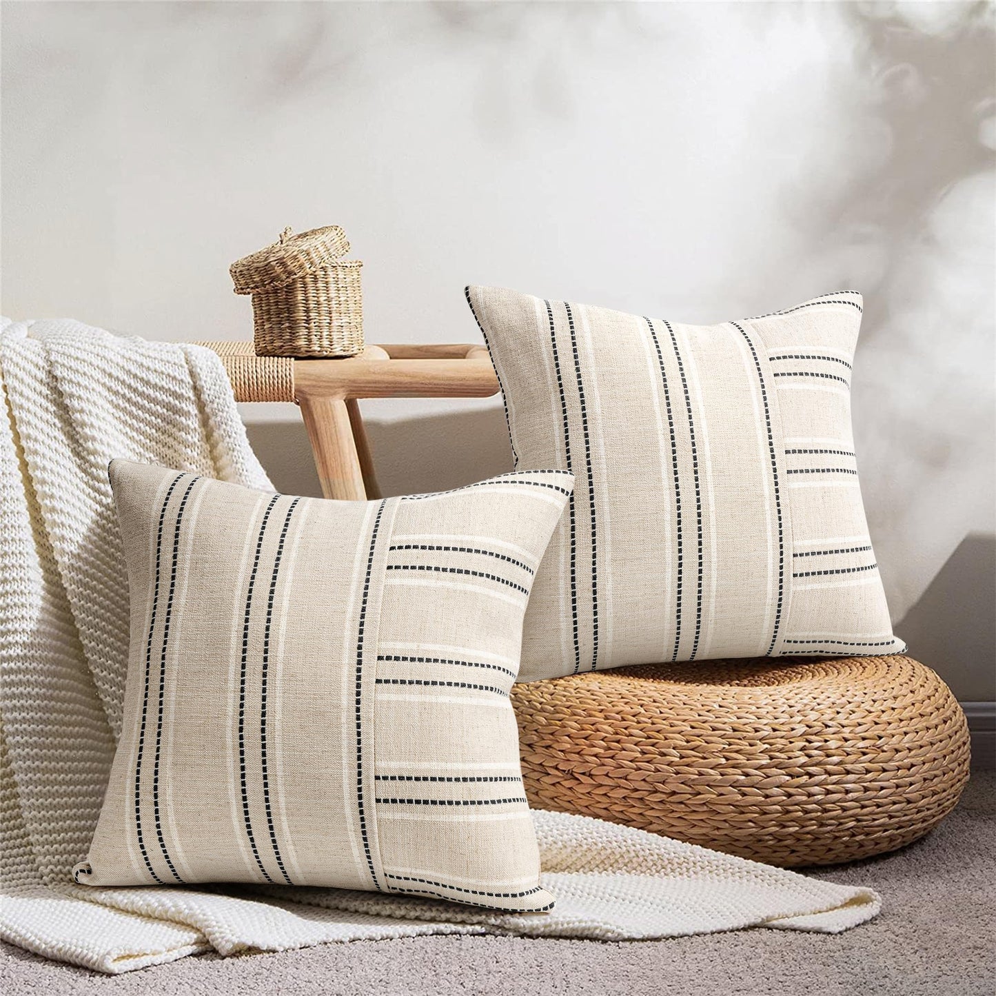 AELS 12x20 Decorative Farmhouse Linen Throw Pillow Covers, Boho Rectangle Lumbar Pillow Case, Set of 2, Beige with White & Gray Stripe Patchwork Cushion Cover for Sofa Couch Living Room (Cover ONLY)
