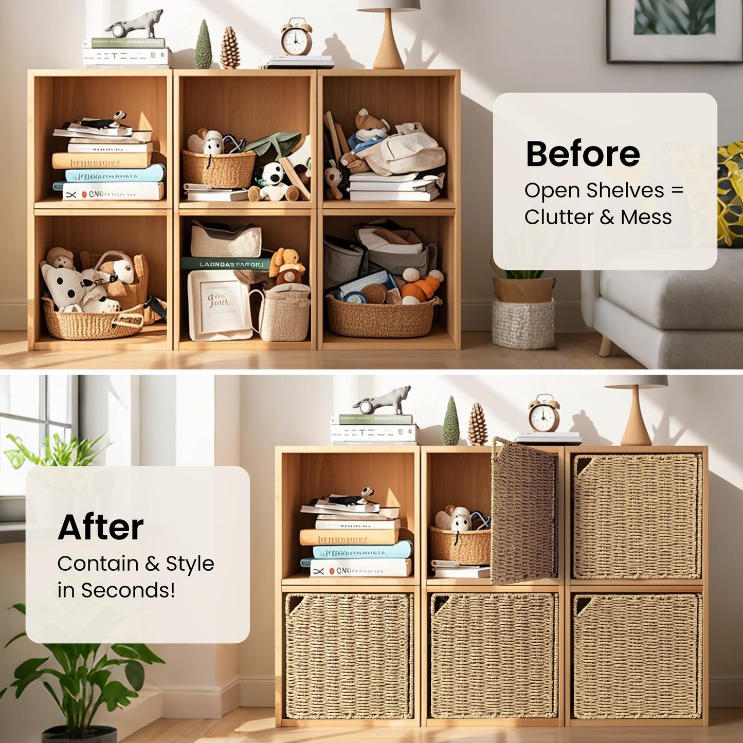 11" Handwoven Natural Fibre Doors for Cube Storage Shelf, Set of 3, Boho Straw Shelf Cover for Small Bookcase & Open Bookshelf, Rustic Farmhouse Home Decor, Beige (Door ONLY)