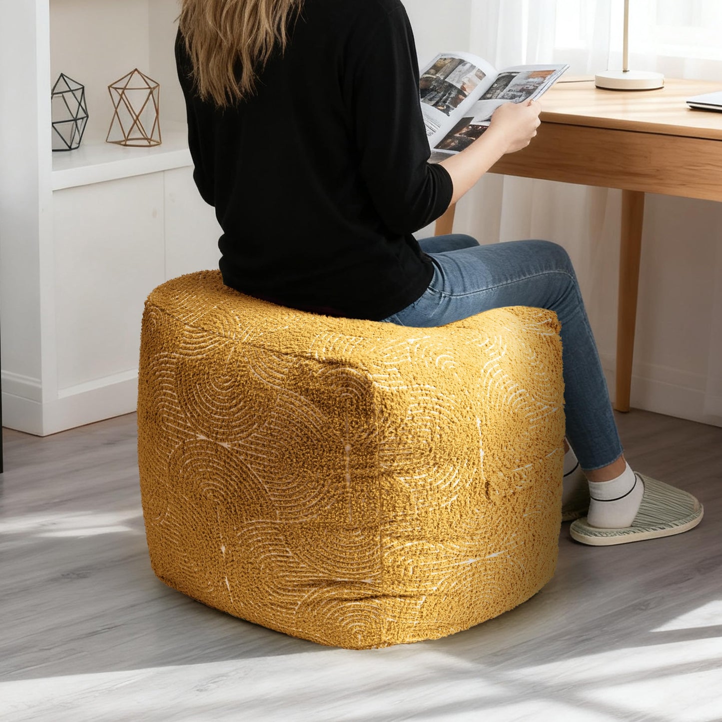 Unstuffed Boho Textured Pouf Cover, Organic Modern Mid Century Rainbow Tufted Storage Bean Bag Cubes, Farmhouse Square Ottoman Pouf Foot Rest Footstool, 18"x18"x18", Cover ONLY, Burnt Orange