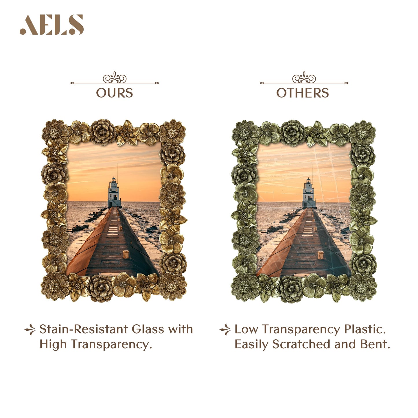 AELS 5x7 Inch Floral Vintage Picture Frame, Elegant Antique Photo Frames with Glass Front, Photo Display, Tabletop Wall Hanging, Gift Ideas, Gold Flower