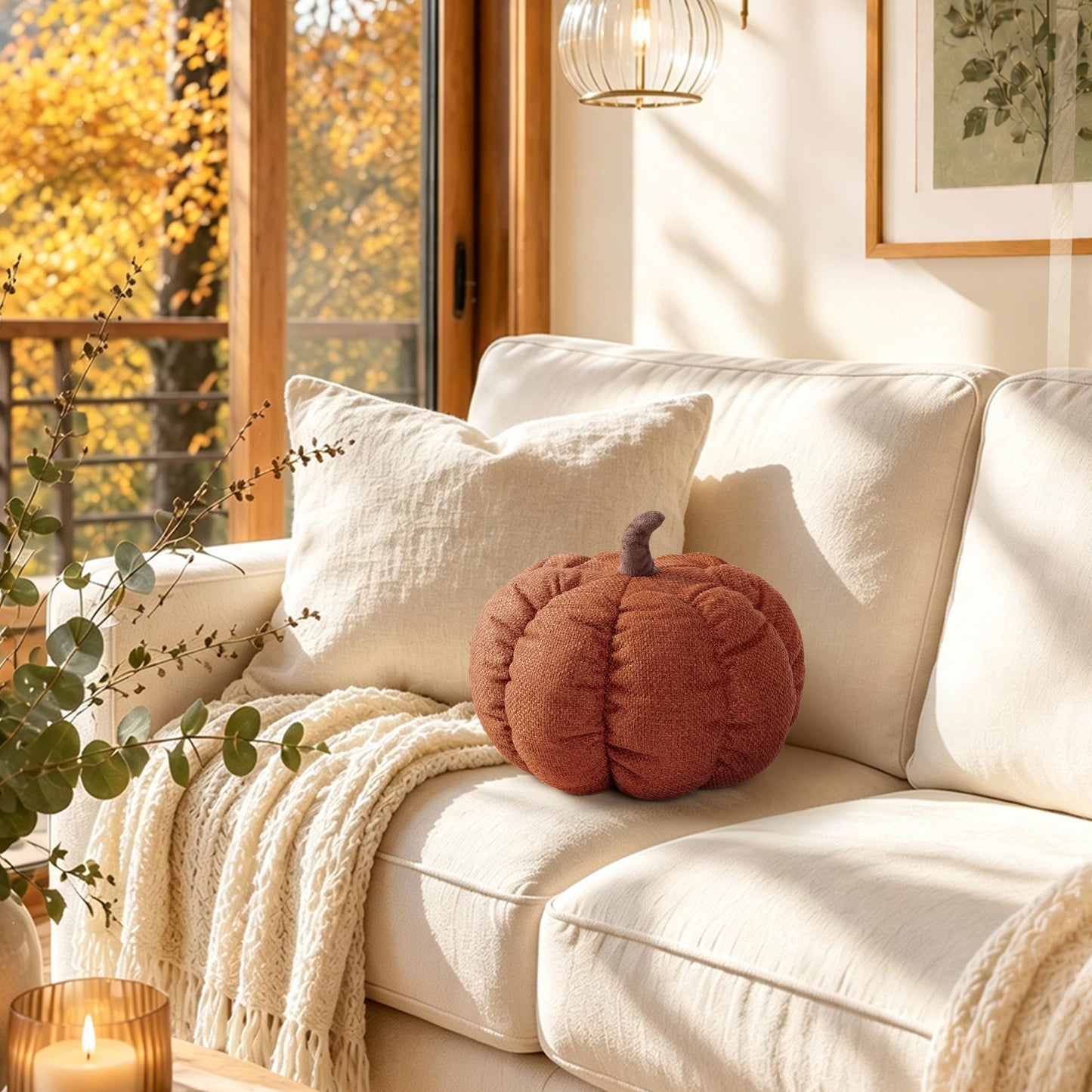 AELS Pumpkin Throw Pillow, 14" Burnt Orange Textured Fall Decorative Pillow | for Couch Sofa Bed Living Room Home Decor, Farmhouse 3D Fall Halloween Thanksgiving Decorative Accent Pillows