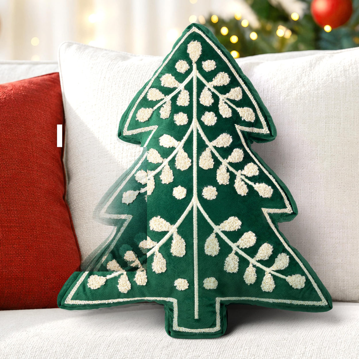 AELS Embroidered 18.5" Merry Christmas Tree Decorative Throw Pillow, Set of 2, Holiday Throw Pillows for Christmas Decor, Plush Tree Shaped Decorative Pillows for Living Room Bedroom Sofa, Green