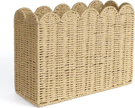 Woven Natural Fibre Magazine Holder, Scalloped Edge Floor Magazine Rack, Hand-woven Organizer, Boho Modern Farmhouse Book Basket, File Newspaper Mail Holder for Office
