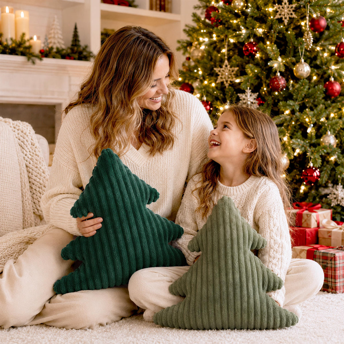 AELS Faux Fur Christmas Tree Decorative Pillow Set of 3, Forest Green Series