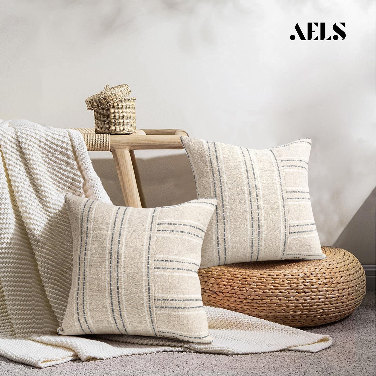 AELS 12x20 Decorative Farmhouse Linen Throw Pillow Covers, Boho Rectangle Lumbar Pillow Case, Set of 2, Beige with White & Gray Stripe Patchwork Cushion Cover for Sofa Couch Living Room (Cover ONLY)