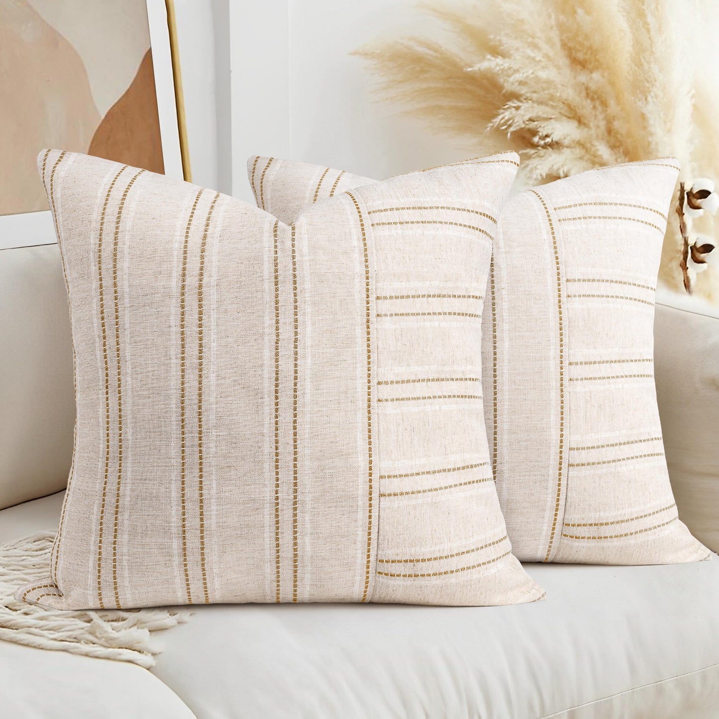 AELS 12x20 Decorative Farmhouse Linen Throw Pillow Covers, Boho Rectangle Lumbar Pillow Case, Set of 2, Beige with White & Gray Stripe Patchwork Cushion Cover for Sofa Couch Living Room (Cover ONLY)