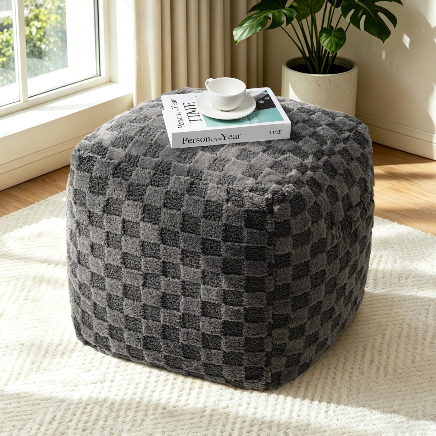 Unstuffed Leopard Cheetah Print Pouf Cover for Living Room, Boho Chic Modern Storage Bean Bag Cube, Soft Faux Fur Ottoman Foot Rest Footstool, 18"x18"x18", Cover ONLY, Natural Leopard