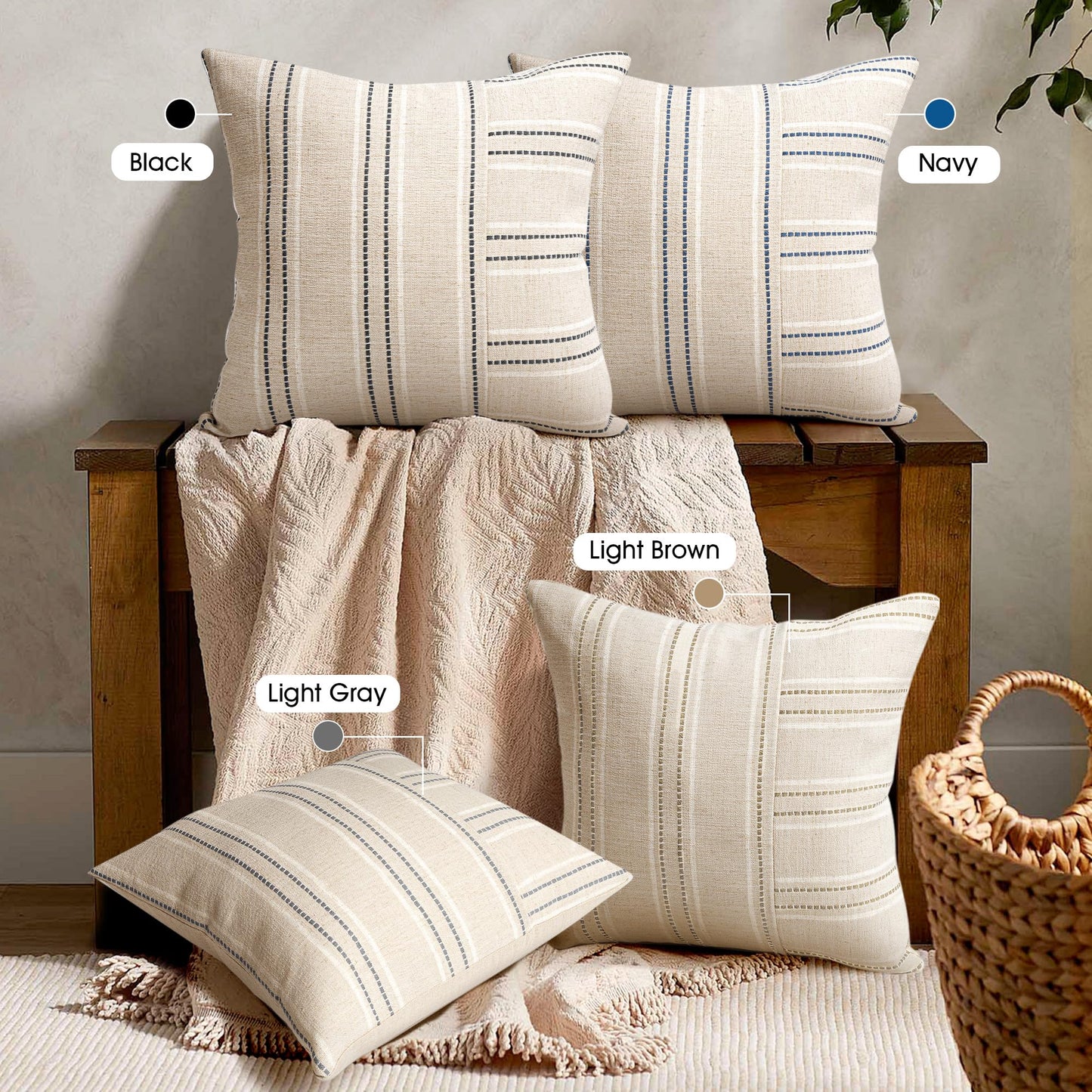 AELS 12x20 Decorative Farmhouse Linen Throw Pillow Covers, Boho Rectangle Lumbar Pillow Case, Set of 2, Beige with White & Gray Stripe Patchwork Cushion Cover for Sofa Couch Living Room (Cover ONLY)