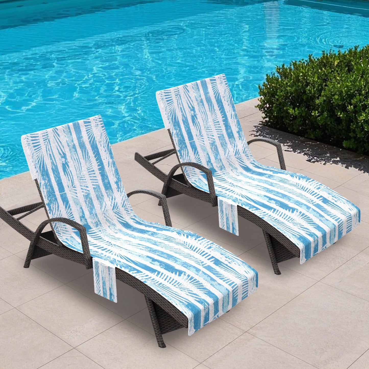 Lounge Chair Towel Cover, Pack of 2 - Microfiber Beach Towels with Pockets, Fits Outdoor Garden Beach Hotel Pool Chairs, Non-Slip & Portable Design, 85" X 30", Ombre Blue Stripes
