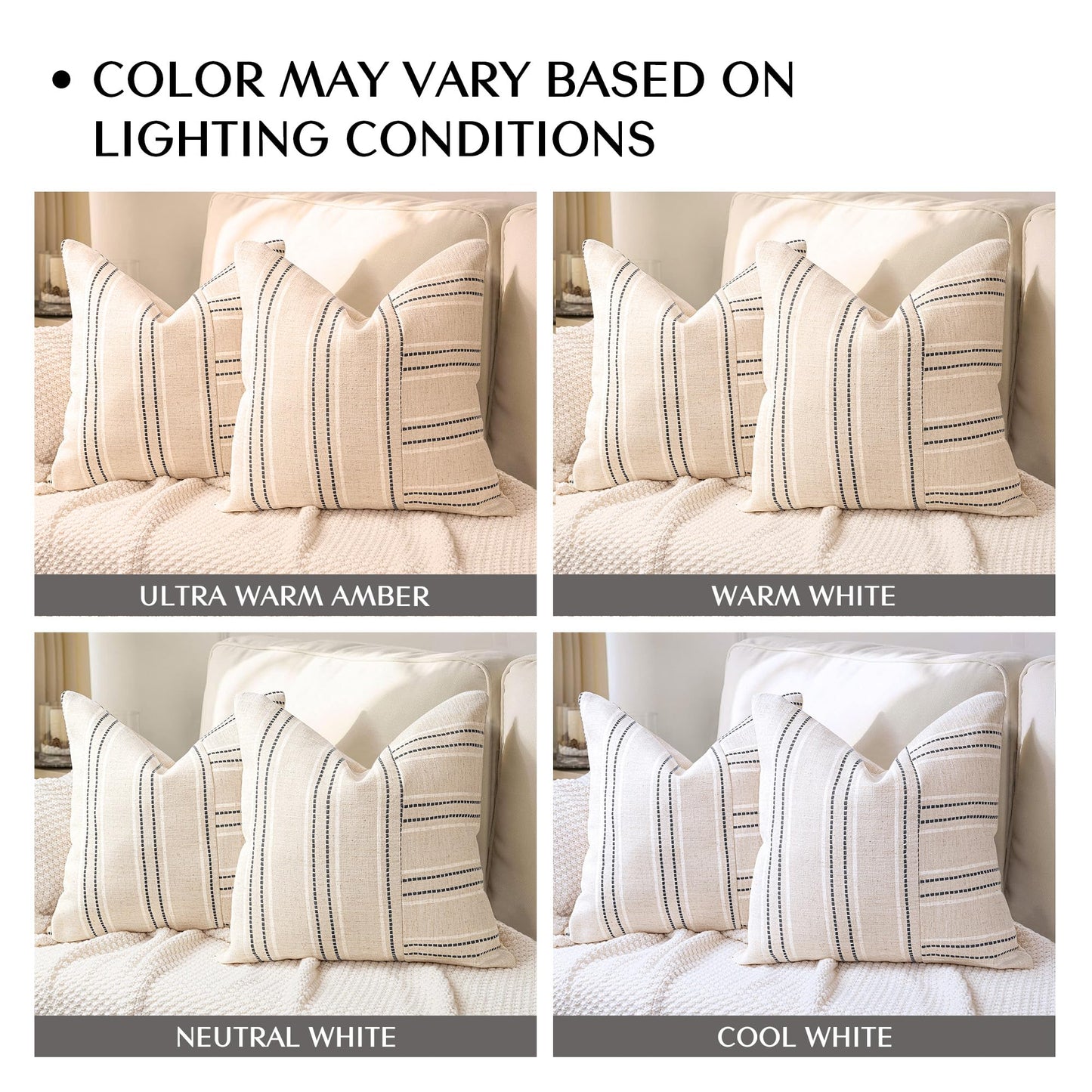 AELS 12x20 Decorative Farmhouse Linen Throw Pillow Covers, Boho Rectangle Lumbar Pillow Case, Set of 2, Beige with White & Gray Stripe Patchwork Cushion Cover for Sofa Couch Living Room (Cover ONLY)