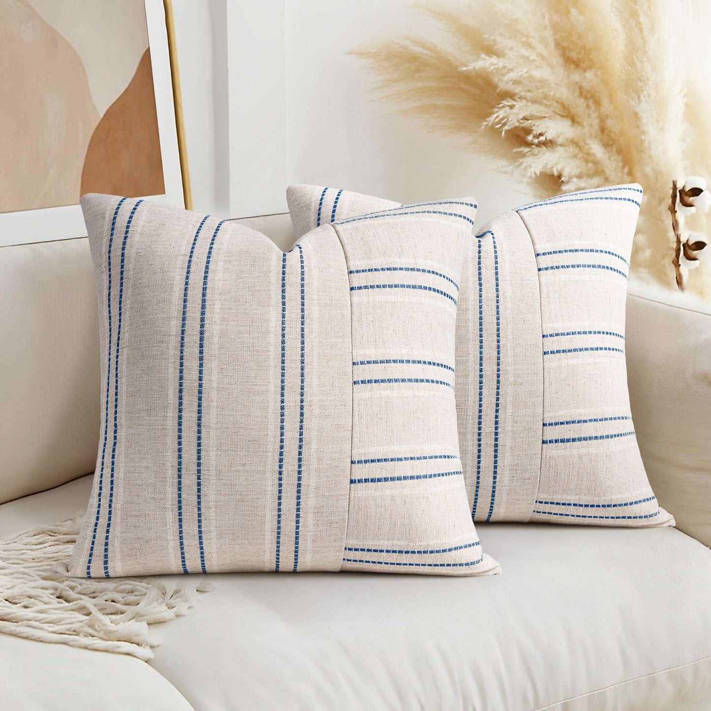 AELS 12x20 Decorative Farmhouse Linen Throw Pillow Covers, Boho Rectangle Lumbar Pillow Case, Set of 2, Beige with White & Gray Stripe Patchwork Cushion Cover for Sofa Couch Living Room (Cover ONLY)