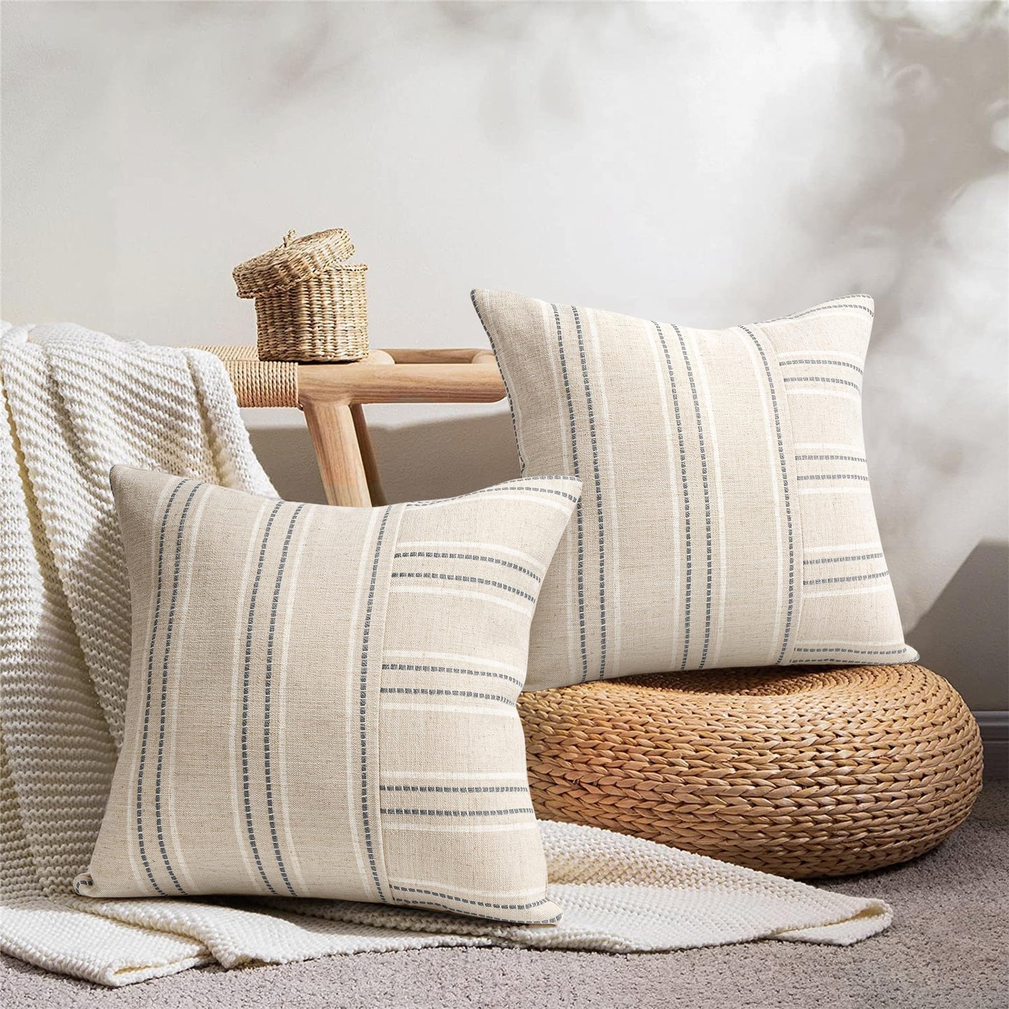 AELS 12x20 Decorative Farmhouse Linen Throw Pillow Covers, Boho Rectangle Lumbar Pillow Case, Set of 2, Beige with White & Gray Stripe Patchwork Cushion Cover for Sofa Couch Living Room (Cover ONLY)