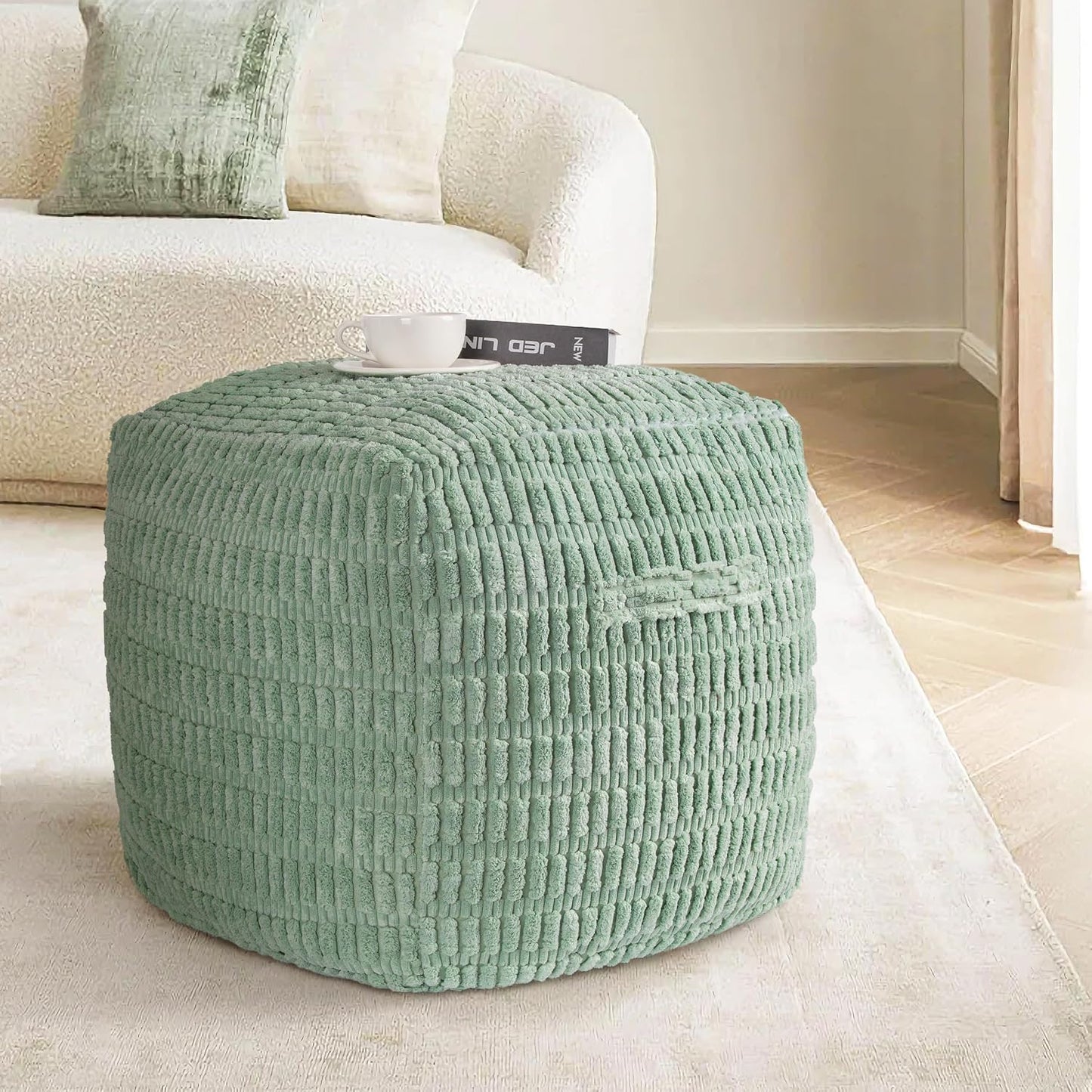 Unstuffed Farmhouse Pouf Cover for Living Room, Boho Storage Bean Bag Cubes, Sage Green Soft Corduroy Plush Sripe Square Ottoman Pouf Foot Rest Footstool, 18"x18"x18", Cover ONLY