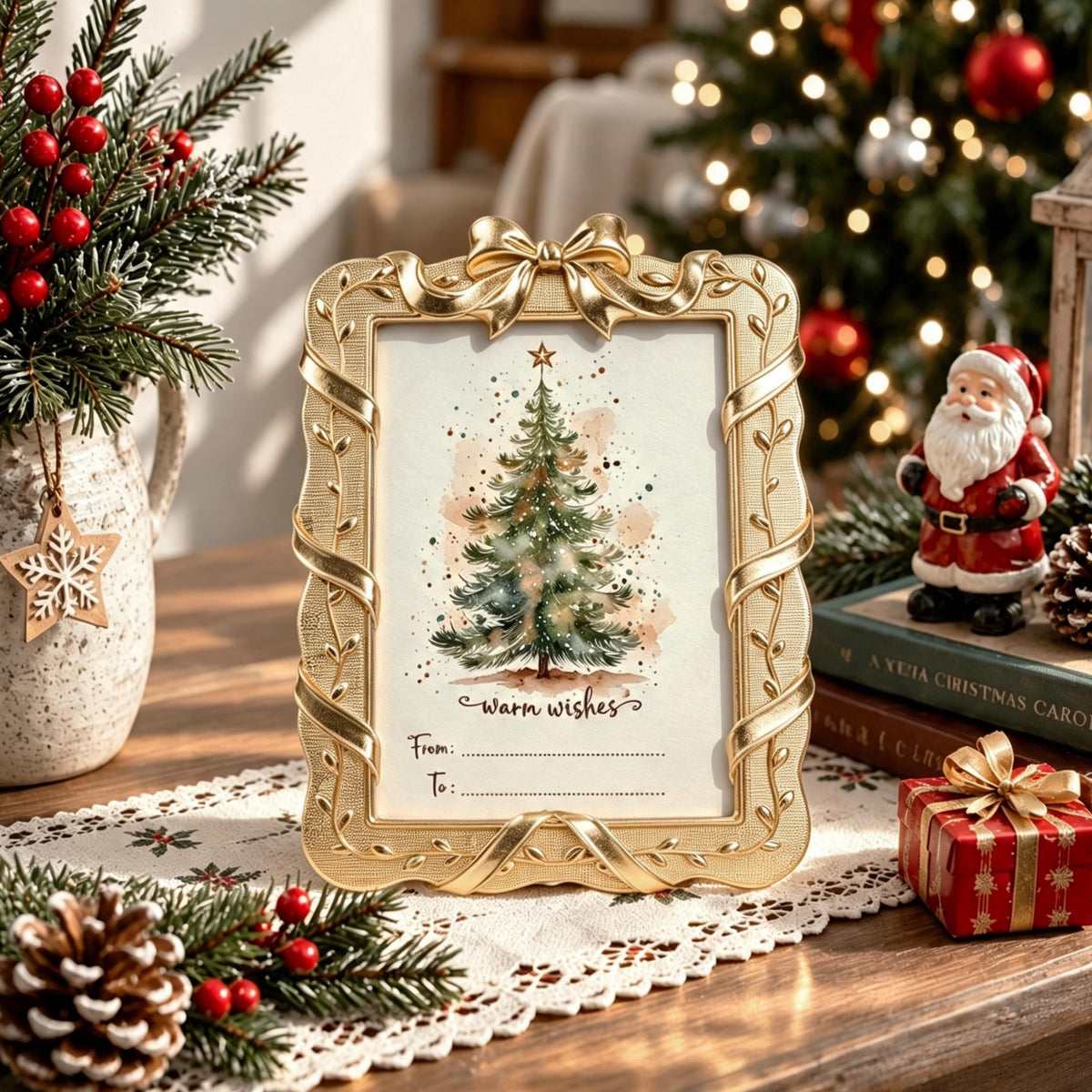 AELS 4x6 Inch Vintage Christmas Tree Picture Frames White Gold Bow