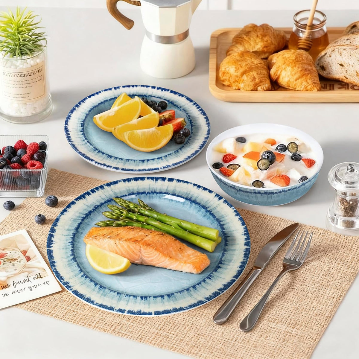 AELS Melamine Dinnerware Set of 18 Pcs Dinner Dishes Set, Lightweight Unbreakable for Indoor and Outdoor Use, BPA Free, Dishwasher Safe, Light Blue