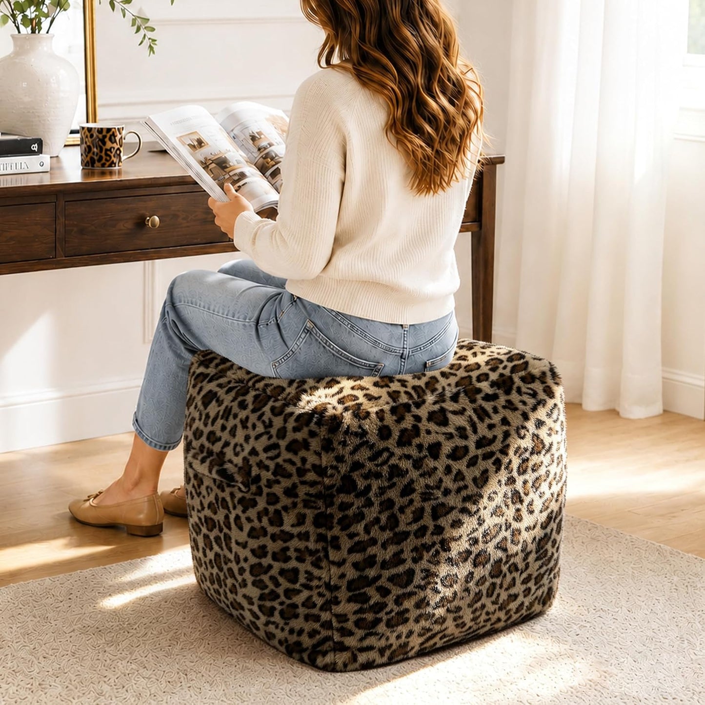 Unstuffed Leopard Cheetah Print Pouf Cover for Living Room, Boho Chic Modern Storage Bean Bag Cube, Soft Faux Fur Ottoman Foot Rest Footstool, 18"x18"x18", Cover ONLY, Natural Leopard