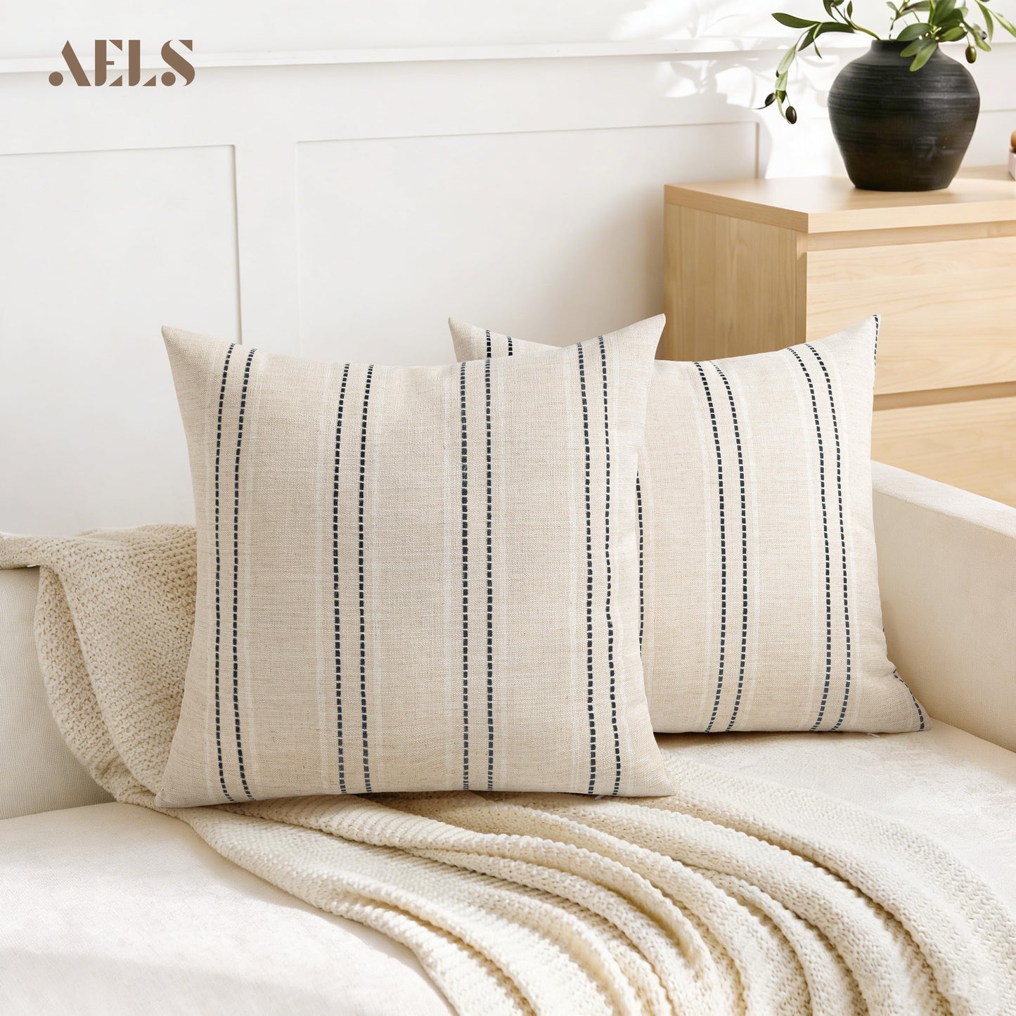 AELS 12x20 Decorative Farmhouse Linen Blend Throw Pillow Covers, Boho Textured Pillow Case, Set of 2, Beige with White & Brown Stitch Yarn Dyed Stripe Cushion Cover for Sofa Living Room (Cover ONLY)