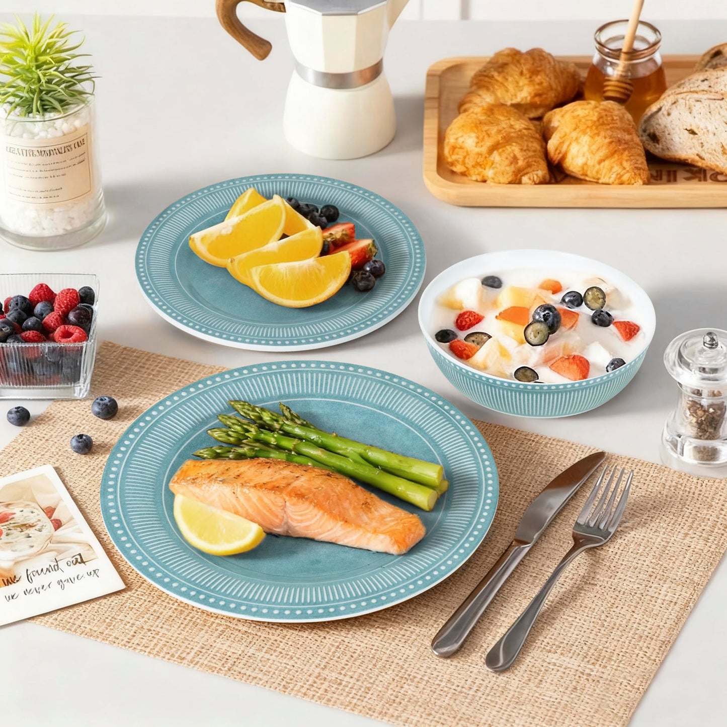 Melamine Dinnerware Set of 12 Pcs, Dinner Dishes Set for Indoor and Outdoor Use, Melamine Plates and Bowls Set for 4, Dishwasher Safe, Lightweight Unbreakable, BPA Free, Blue