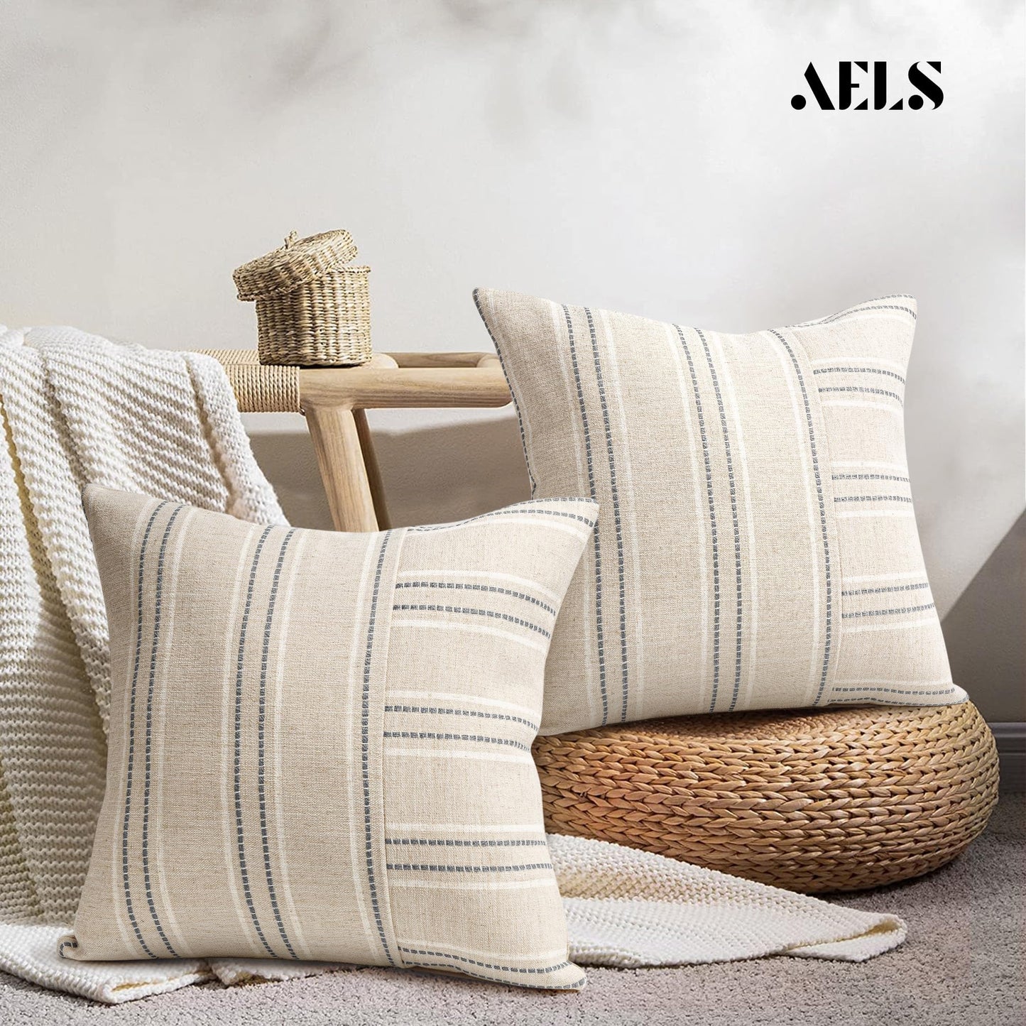 AELS 12x20 Decorative Farmhouse Linen Throw Pillow Covers, Boho Rectangle Lumbar Pillow Case, Set of 2, Beige with White & Gray Stripe Patchwork Cushion Cover for Sofa Couch Living Room (Cover ONLY)