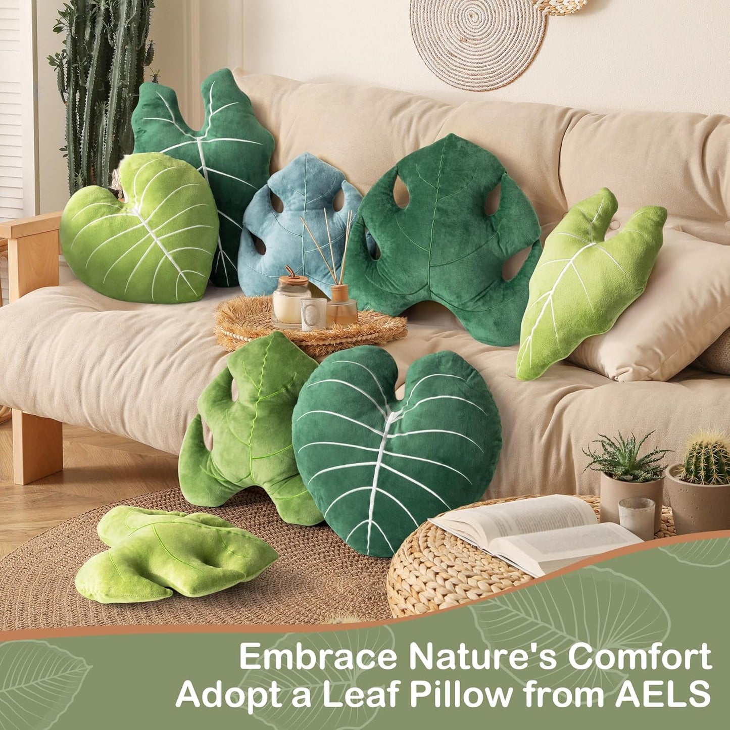 AELS Set of 2 3D Leaves Decorative Throw Pillows, 23.6"& 19" Alocasia Frydek Plush Pillow Set for Plant Lovers Garden Lovers, Living Room Bedroom Nursery Decor, Light Green & Dark Green