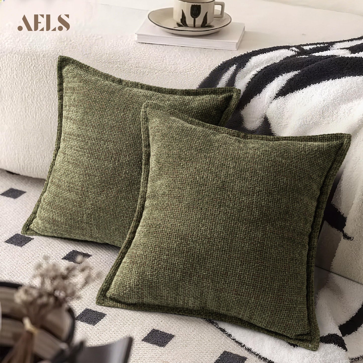 AELS 16x16 Decorative Chenille Farmhouse Throw Pillow Covers, Woven Pillow Case, Set of 2, Boho Textured Cushion Cover for Sofa Couch Living Room (Cover ONLY), Beige