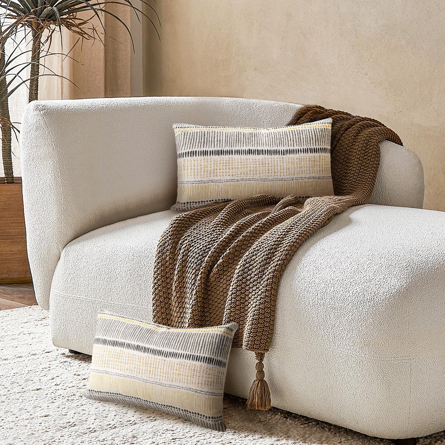 AELS Boho Decorative Striped Lumbar Pillow Covers 12x20, Modern Mid Century Lumbar Support Pillow Cover, Farmhouse Rustic Woven Cushion Case for Bed Couch Sofa, Mustard Yellow Gray
