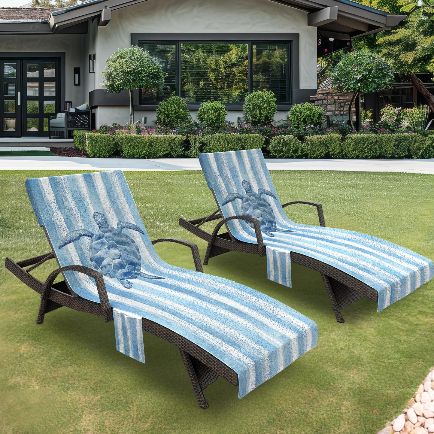 AELS Lounge Chair Towel Cover, Pack of 2 - Microfiber Beach Towels with Pockets, Fits Outdoor Garden Beach Hotel Pool Chairs, Non-Slip & Portable Design, 85" X 30", Sea Turtle Blue Stripe