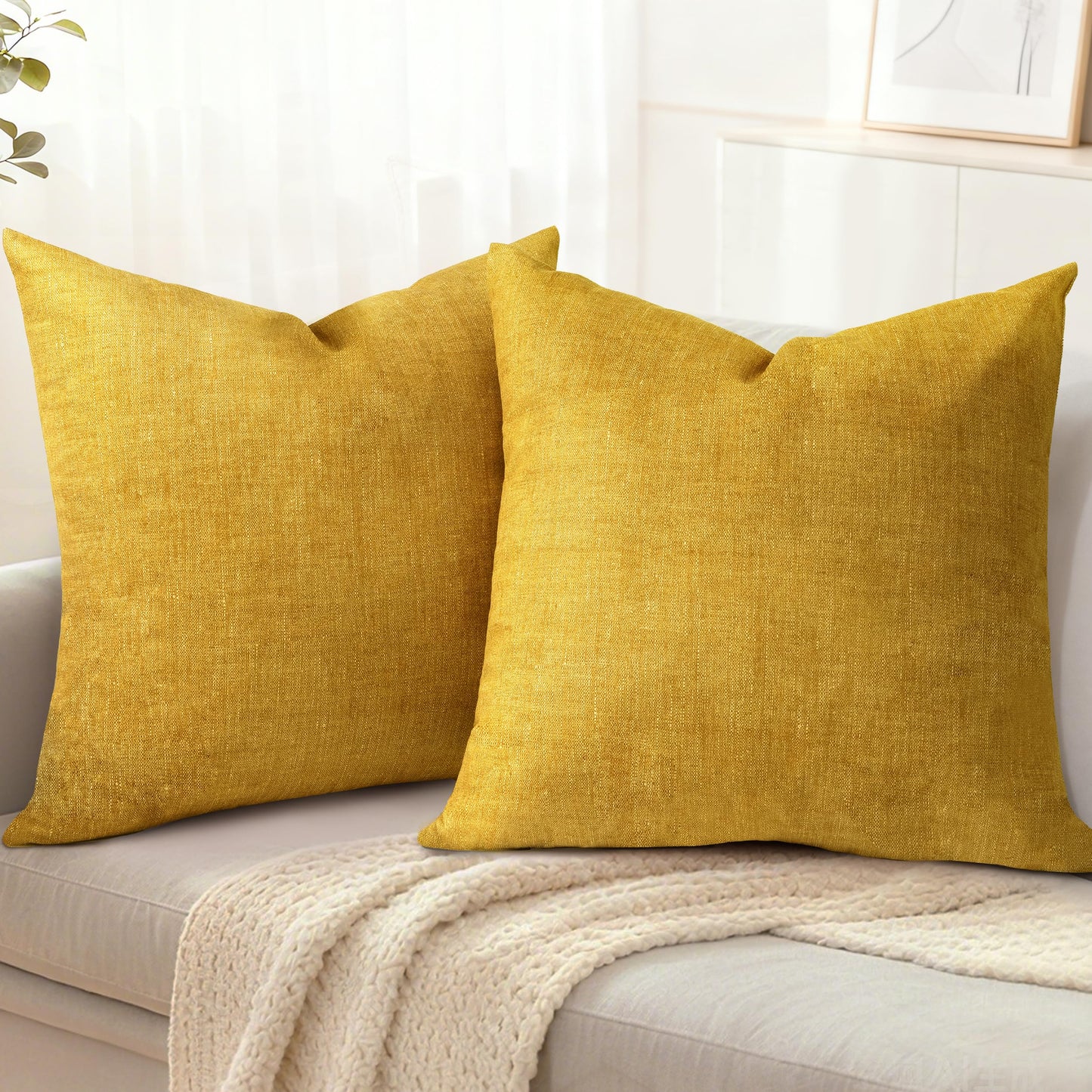 AELS Decorative Throw Pillow Covers 16x16, Set of 2, Soft Textured Look Printed Pillow Case, Modern Farmhouse Cushion Case for Bed Couch Sofa, Mustard Yellow (Covers Only)