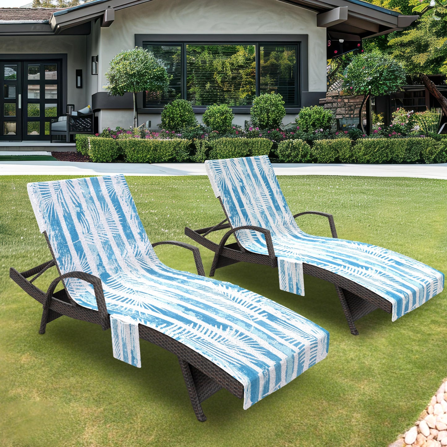 Lounge Chair Towel Cover, Pack of 2 - Microfiber Beach Towels with Pockets, Fits Outdoor Garden Beach Hotel Pool Chairs, Non-Slip & Portable Design, 85" X 30", Ombre Blue Stripes