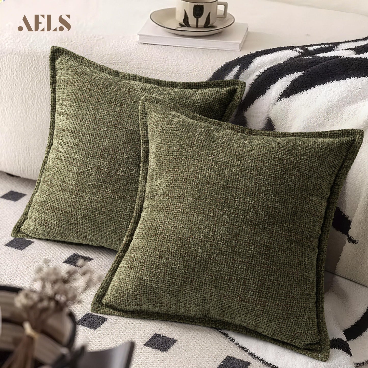 AELS 16x16 Decorative Chenille Farmhouse Throw Pillow Covers, Woven Pillow Case, Set of 2, Boho Textured Cushion Cover for Sofa Couch Living Room (Cover ONLY), Beige